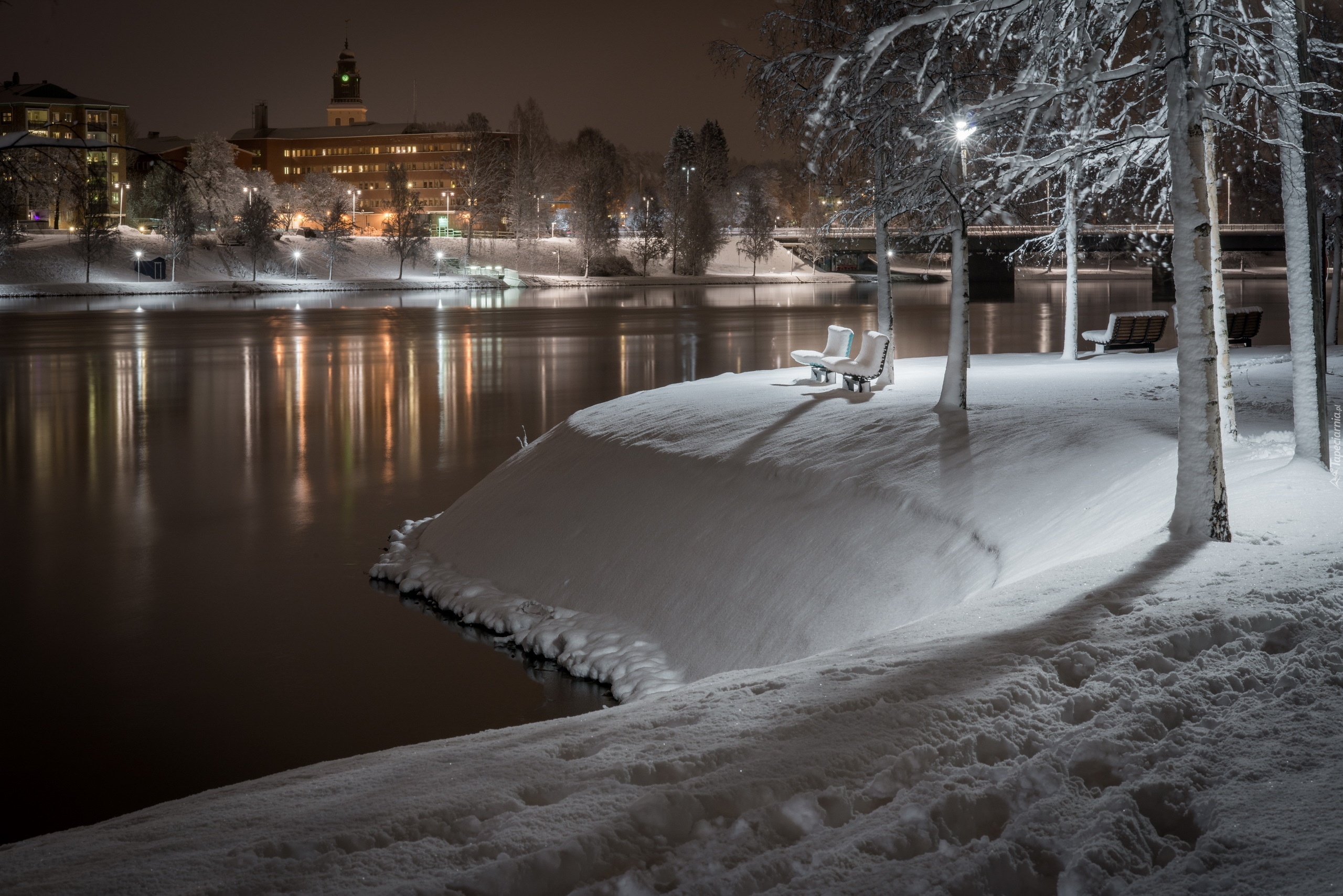 Zima, Park, Ławeczki, Miasto, Noc