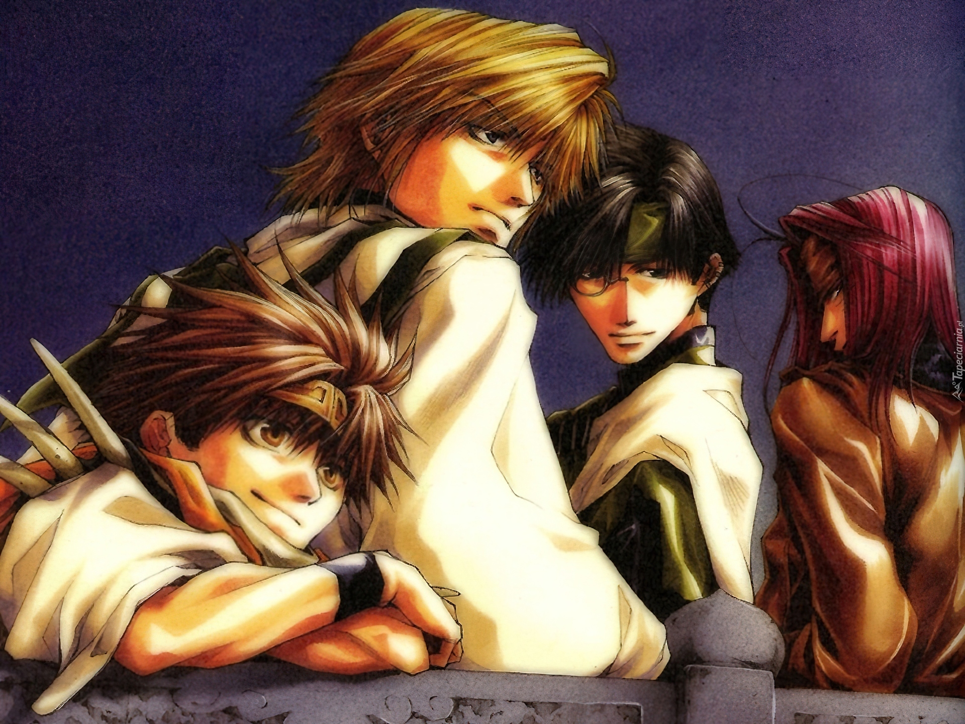 Saiyuki, fioletowe tło, postacie