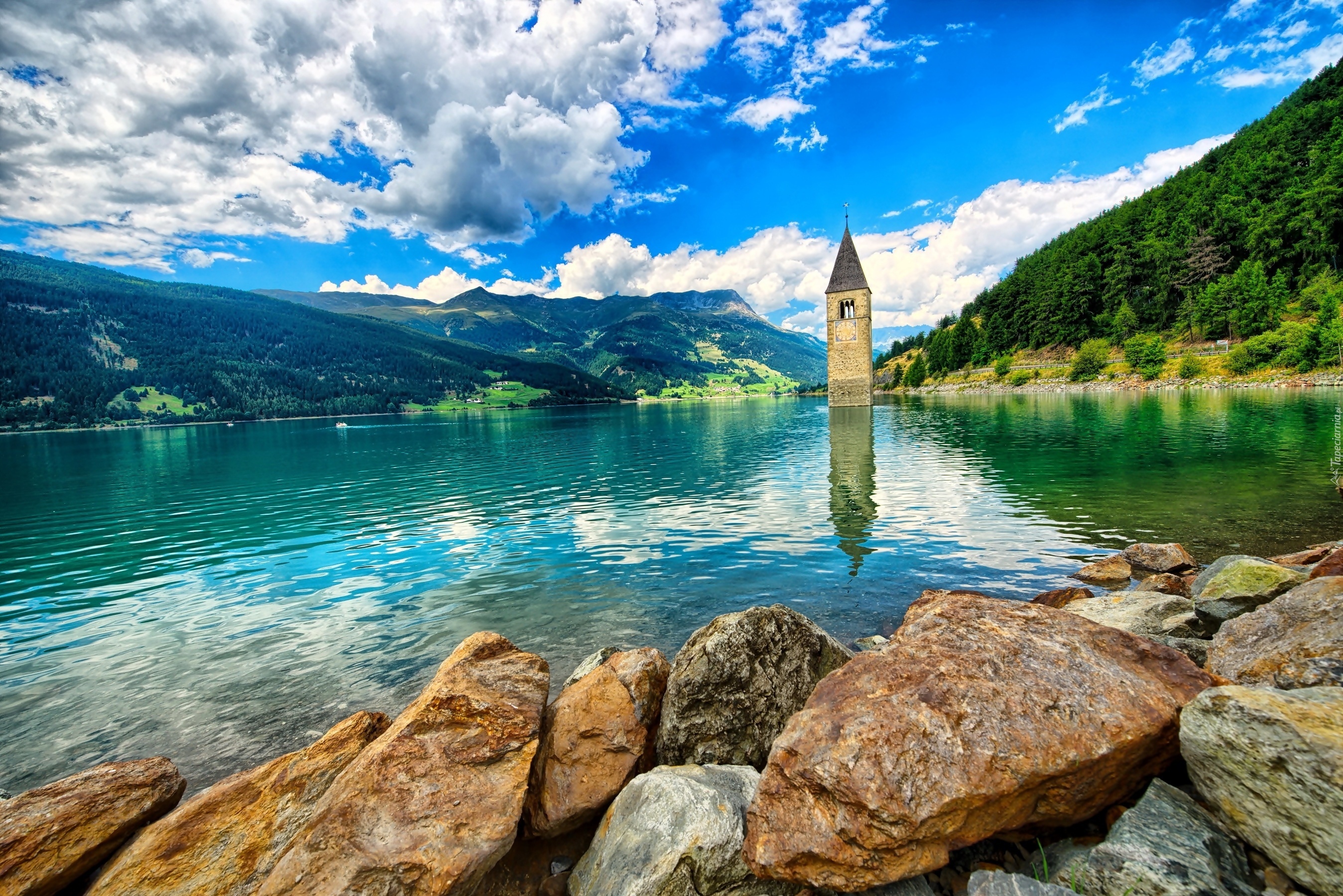 Sztuczne, Jezioro, Reschensee, Dzwonnica, Zatopionej, Wioski, Góry, Lasy, Południowy, Tyrol, Włochy