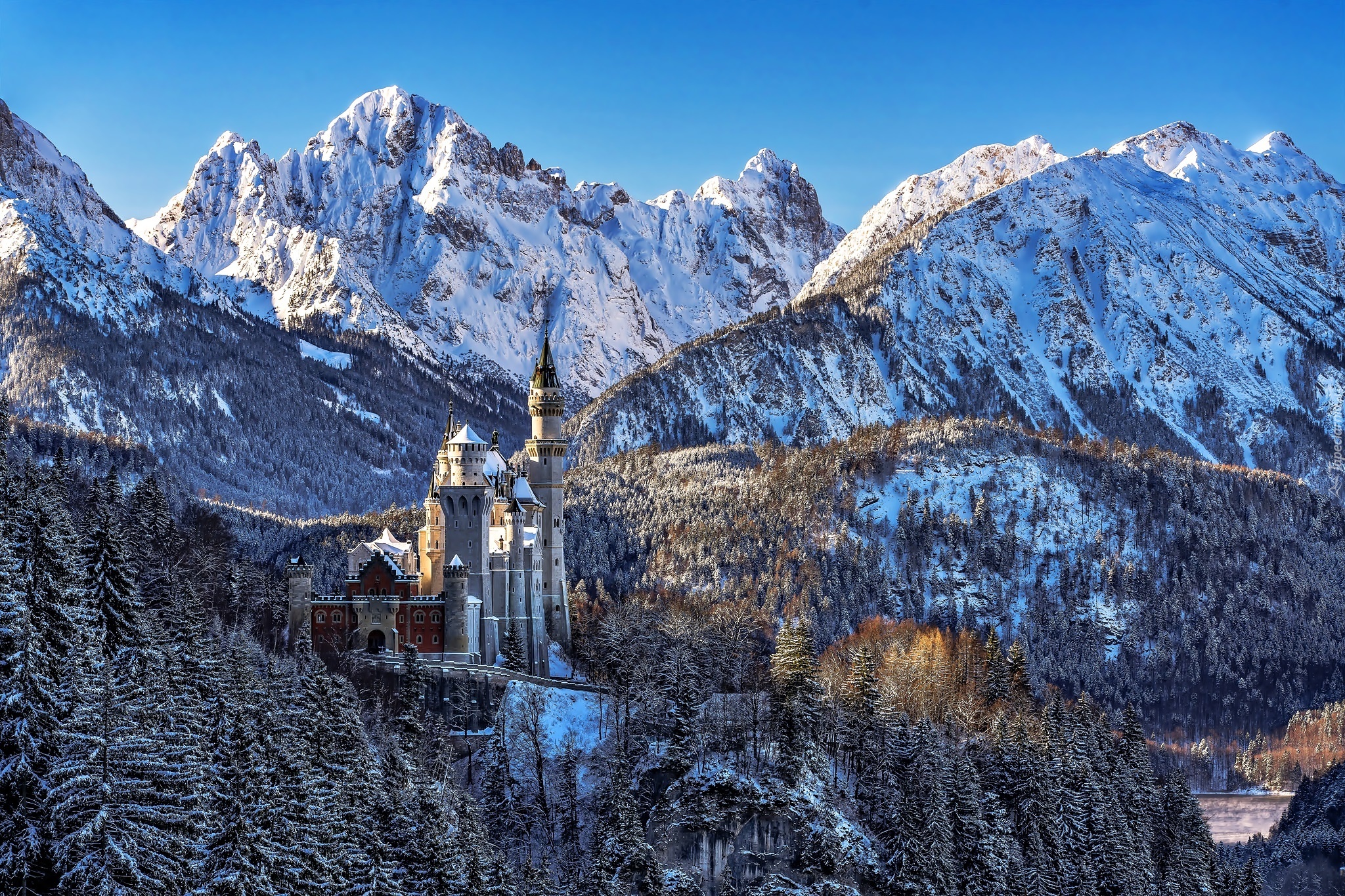 Zamek, Neuschwanstein, Zima, Góry, Bawaria