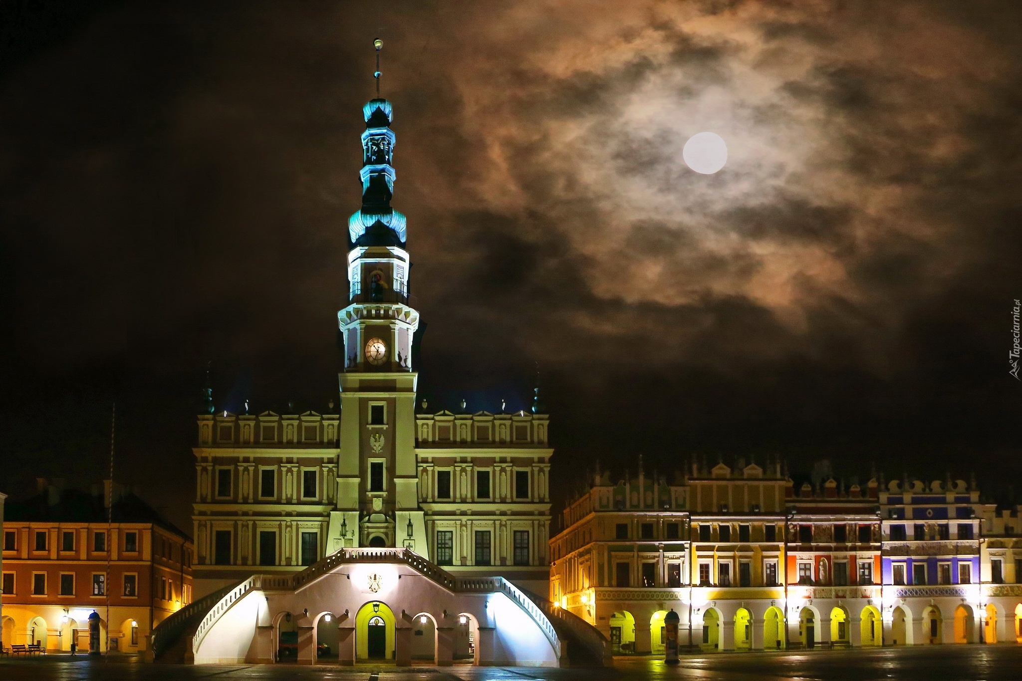 Zamość, Ratusz, Rynek, Noc, Neony