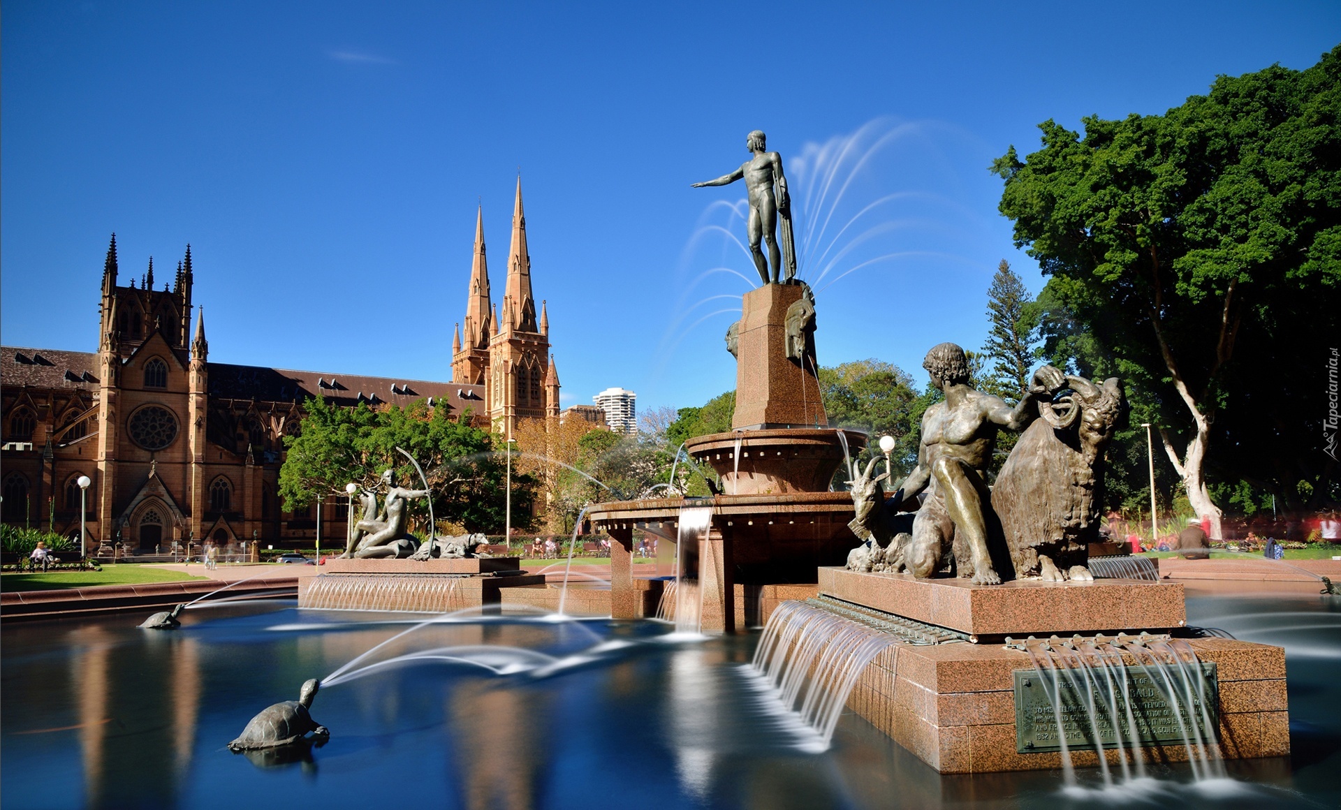 Park, Zabudowa, Fontanny, Monumenty, Drzewa