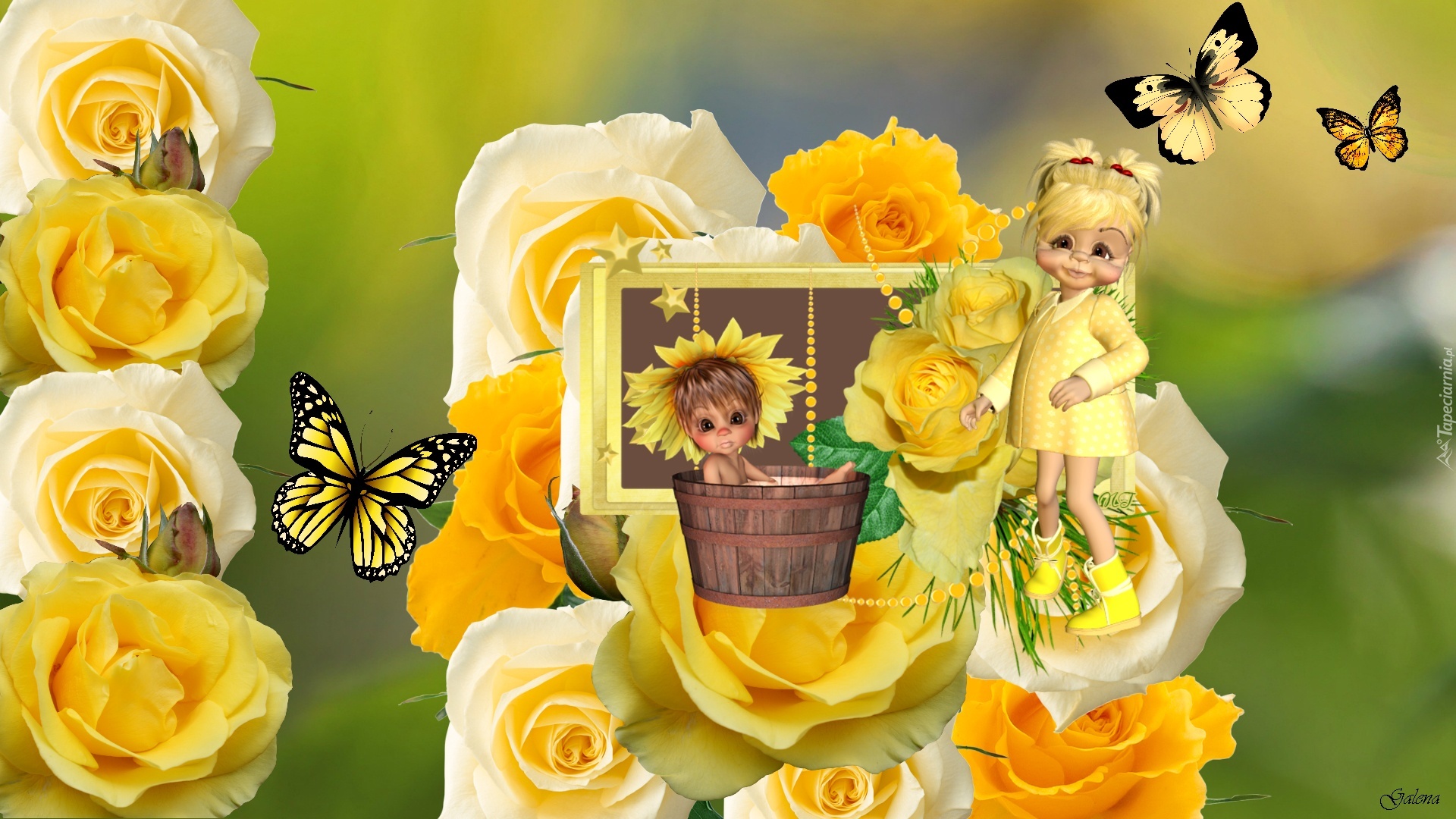 żółte, Róże, Laleczki, Motyle, Grafika