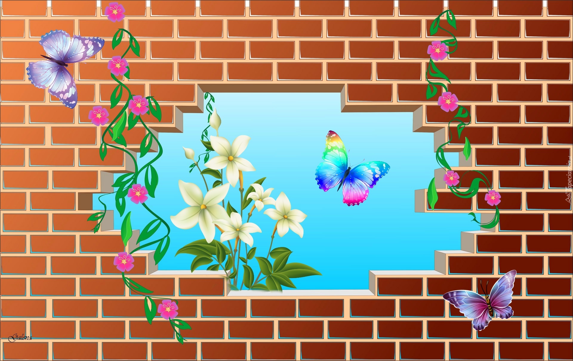 Kwiaty, Mury, Motyle, Grafika