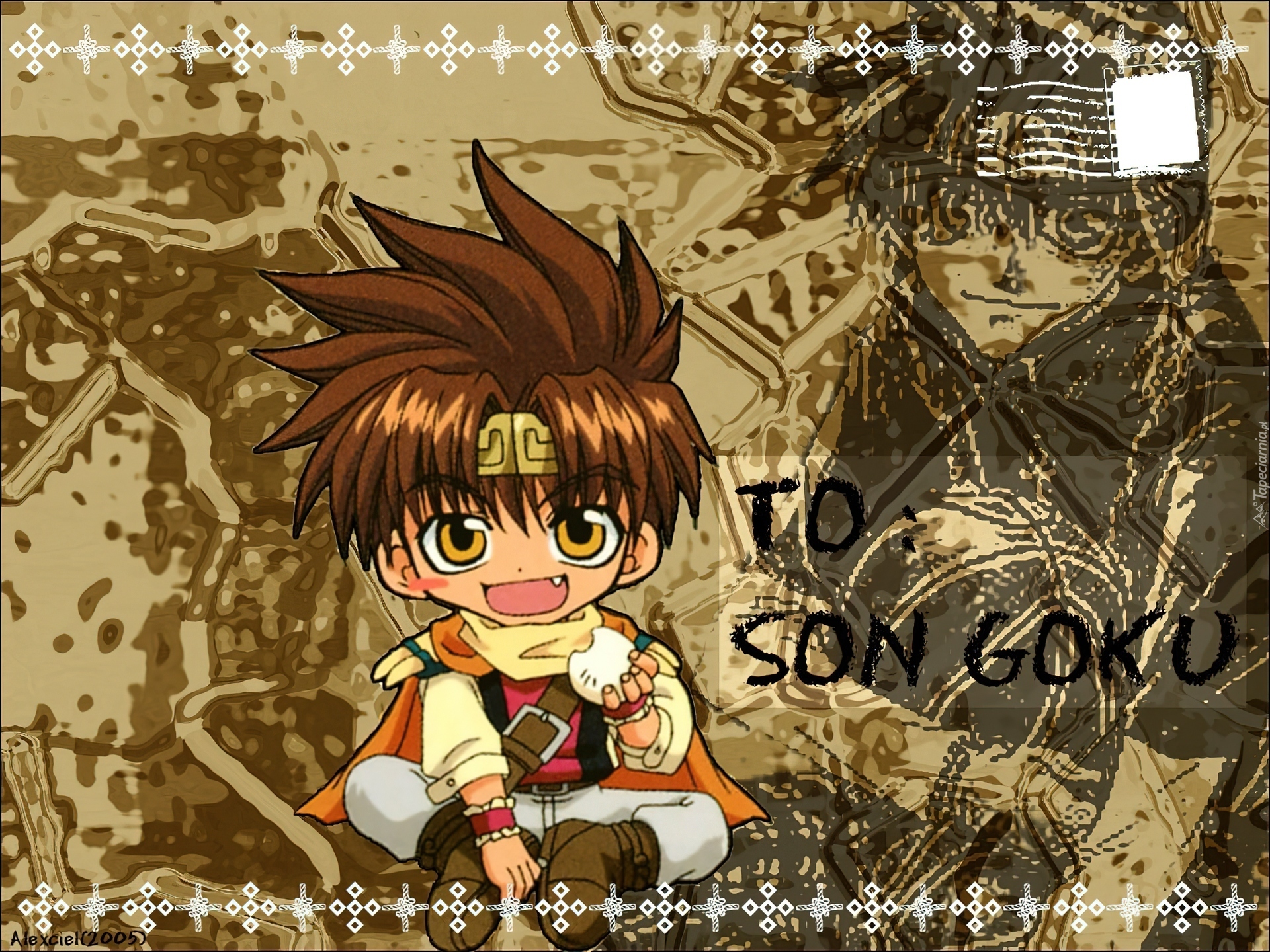 Saiyuki, pocztówka, znaczek, dziecko