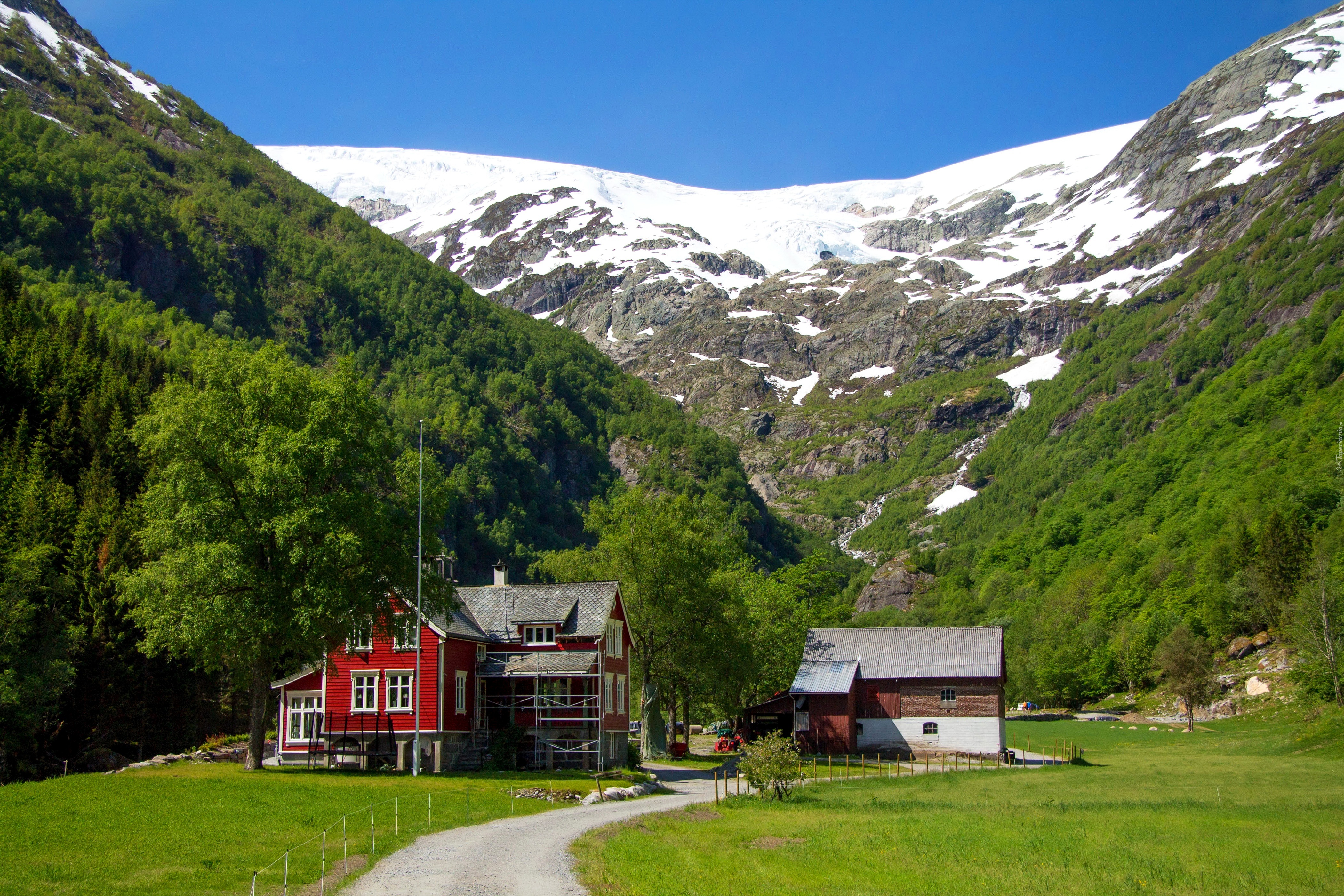 Norwegia, Odda, Góry, Śnieg, Las, Droga, Dom