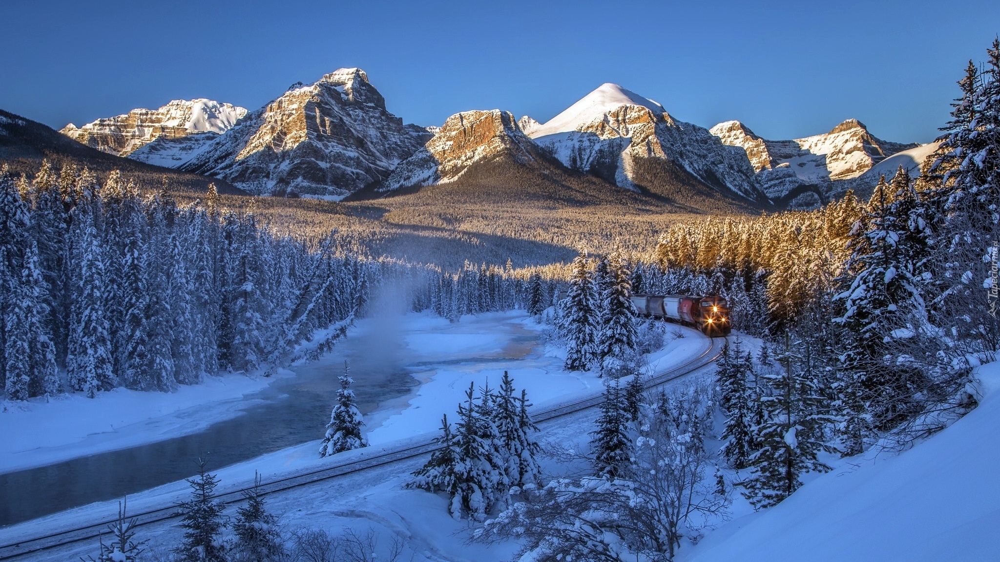 Zima, Góry, Lasy, Pociąg, Kanada, Góry Skaliste, Park Narodowy Banff, Rzeka