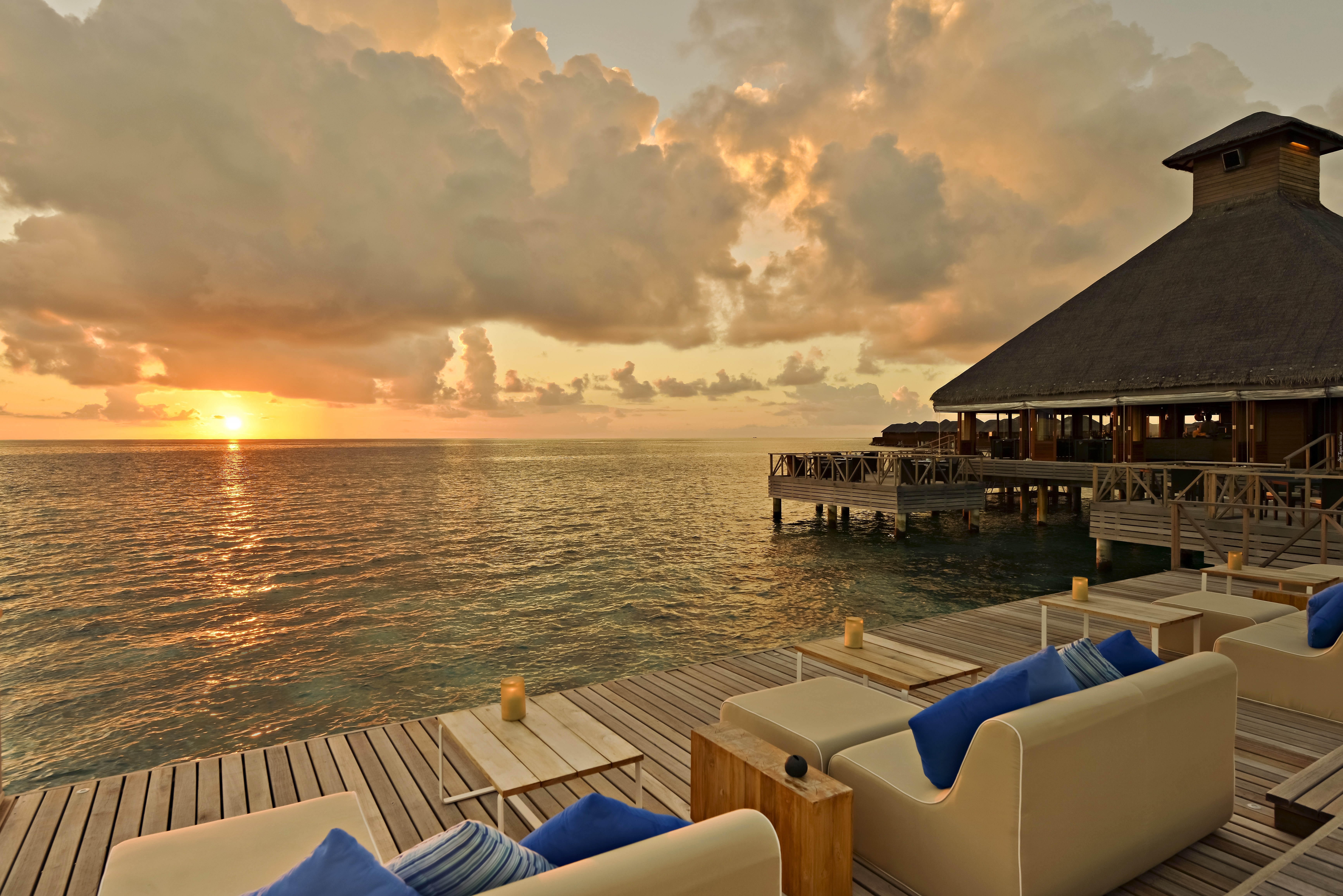 Malediwy, Zachód słońca, Zmierzch, Ośrodek, Ocean