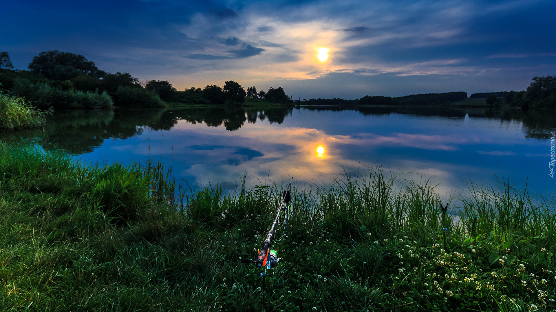 Jezioro, Wędka, Drzewa, Poranek, Wschód, Słońca