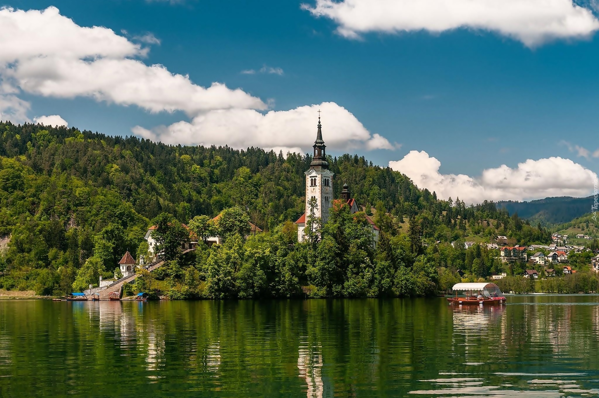 Jezioro Bled, Słowenia, Kościół, Domy, Łódki, Góry