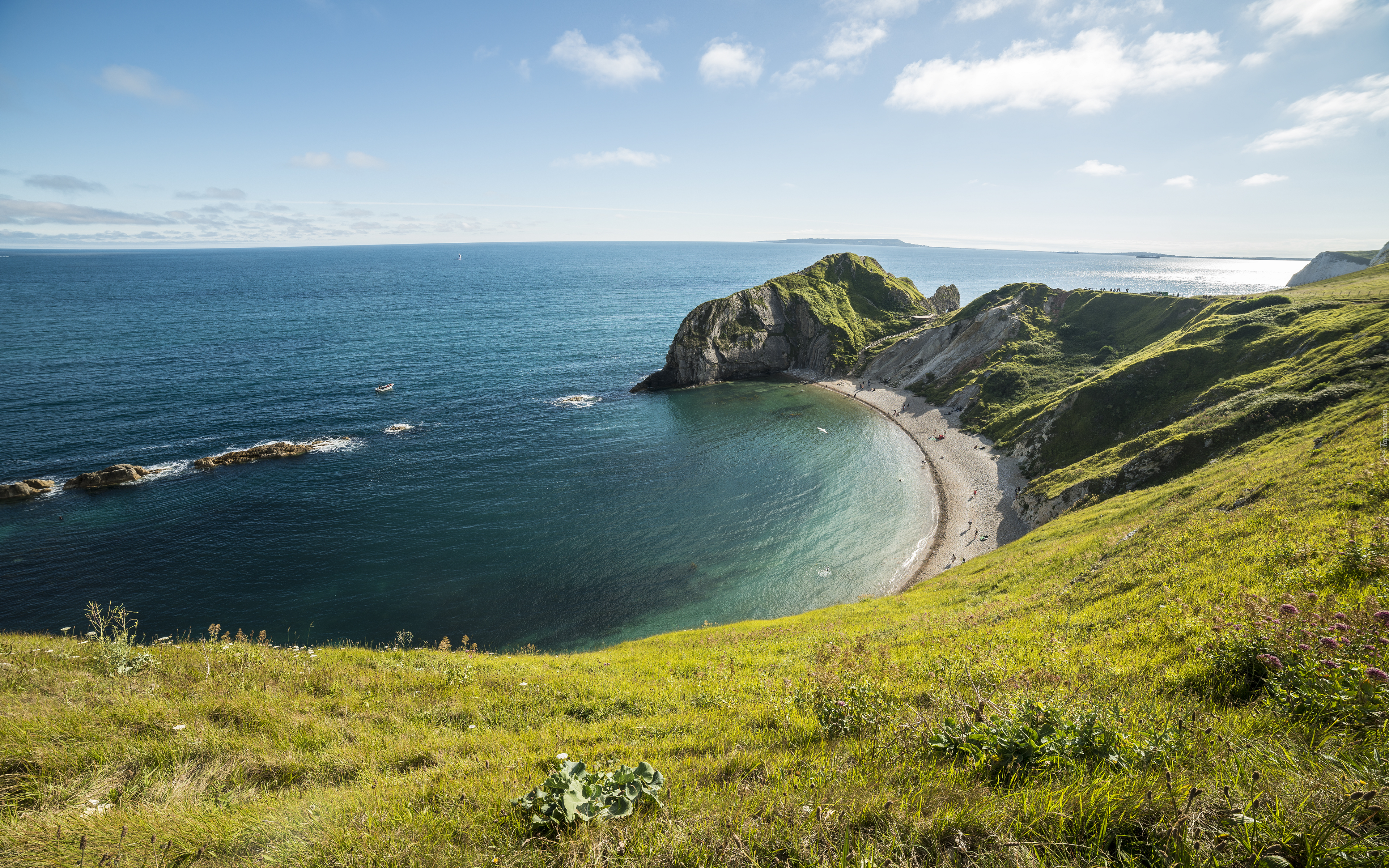 Morze, Zatoka, Plaża, Góry, Trawa