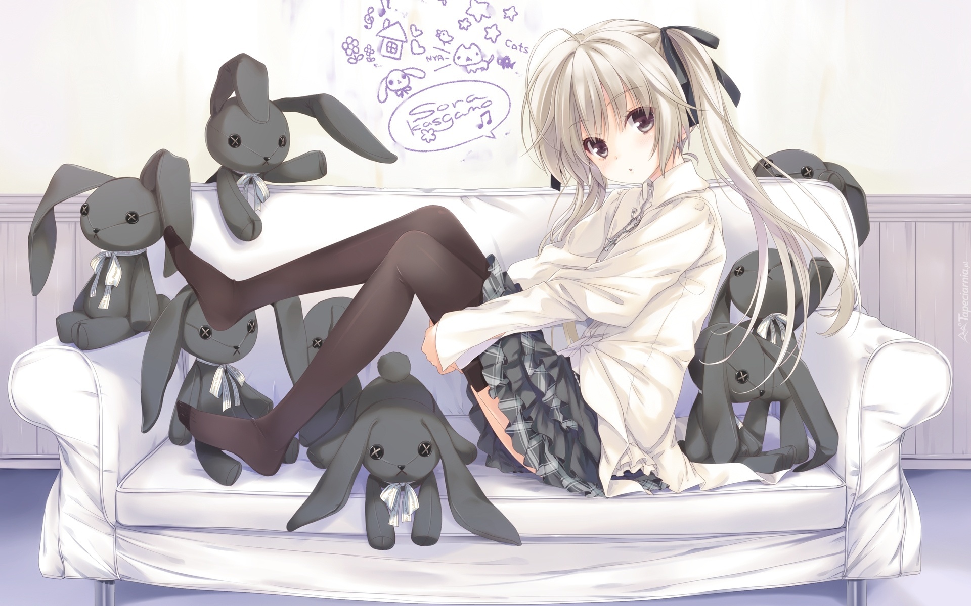 Dziewczyna, Kanapa, Zające, Pluszaki, Rysunek, Manga, Anime