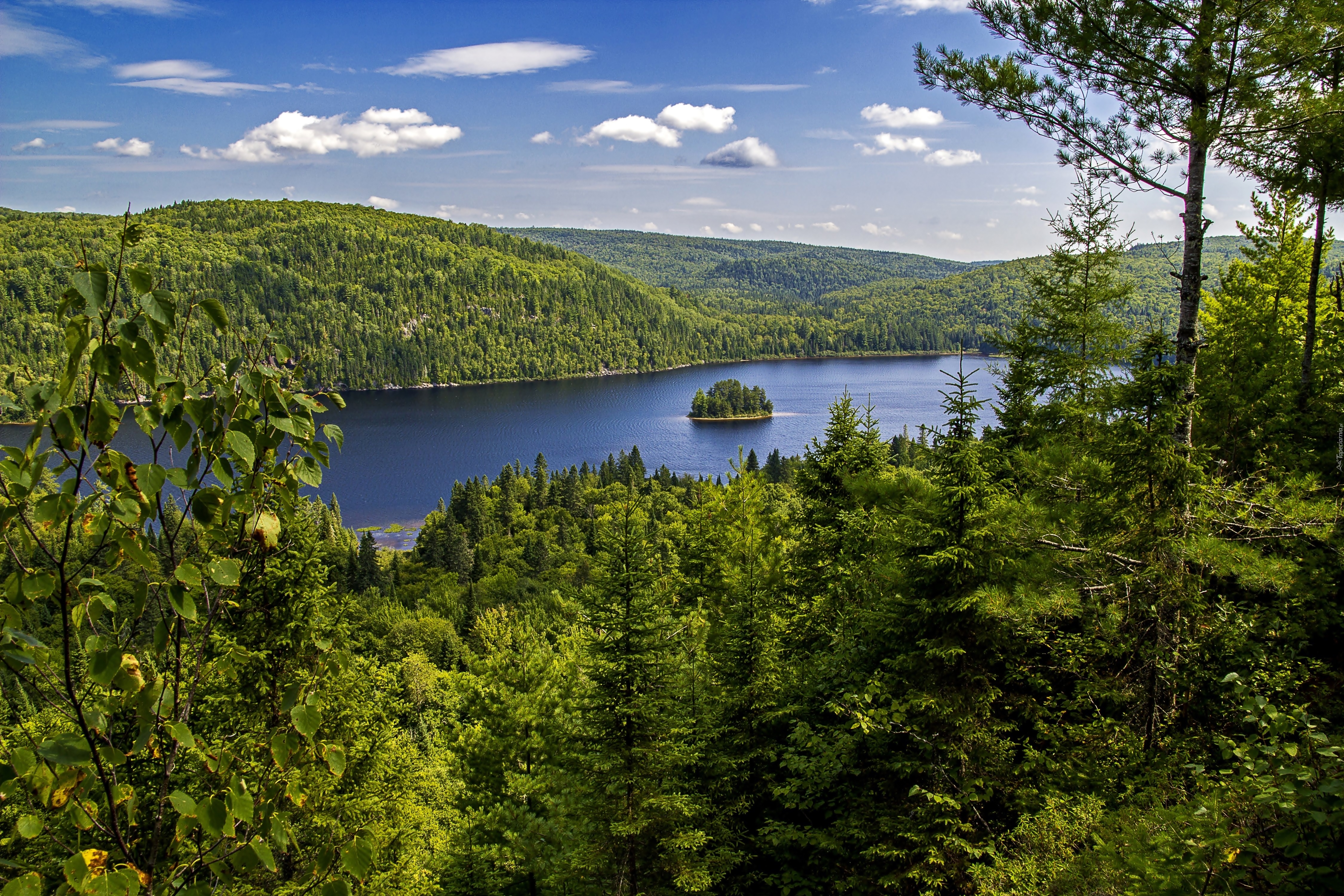 Lasy, Jezioro, Kanada,Park Narodowy La Mauricie,Roślinność, Chmury
