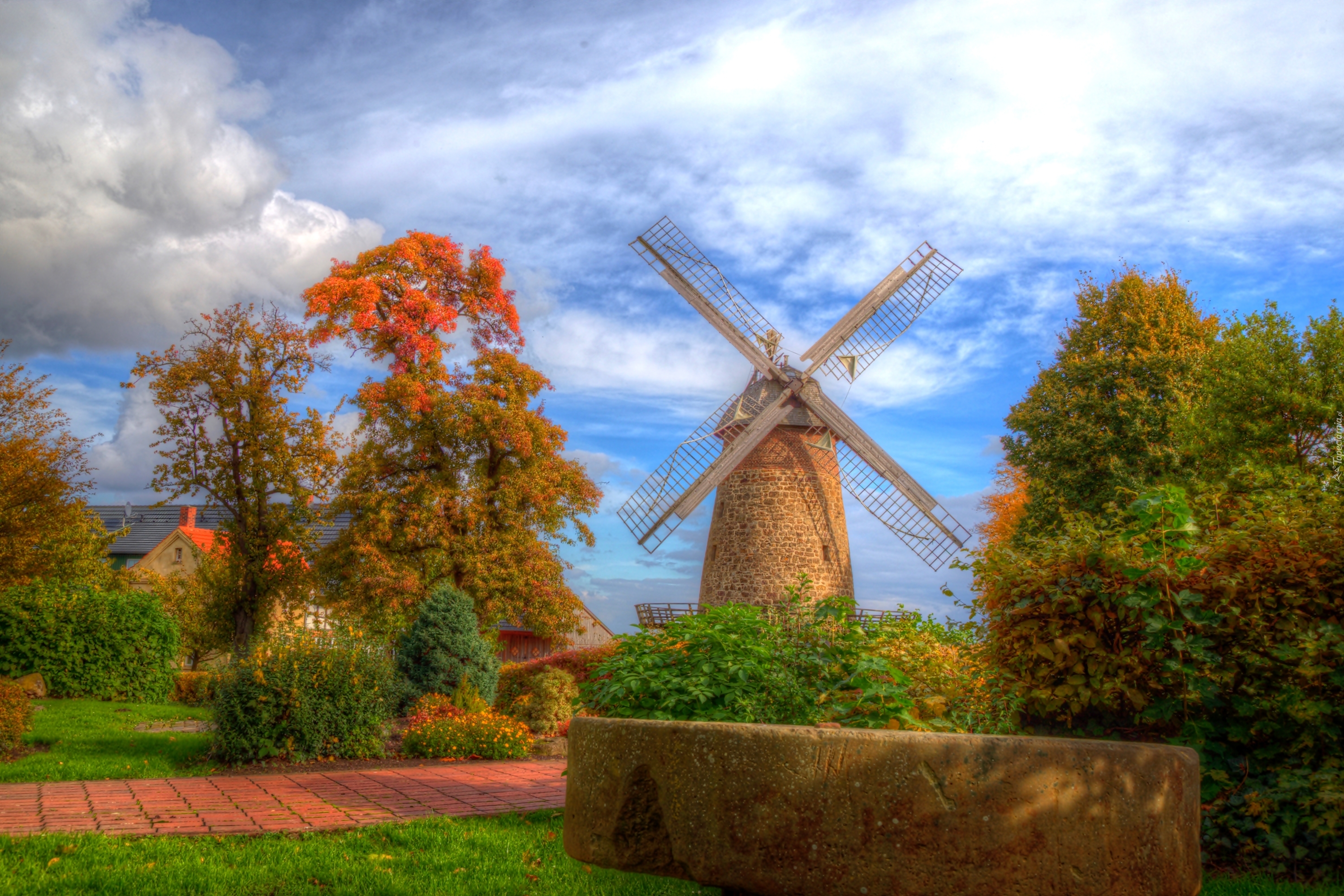 Jesień, Drzewa, Wiatrak, Dom, HDR