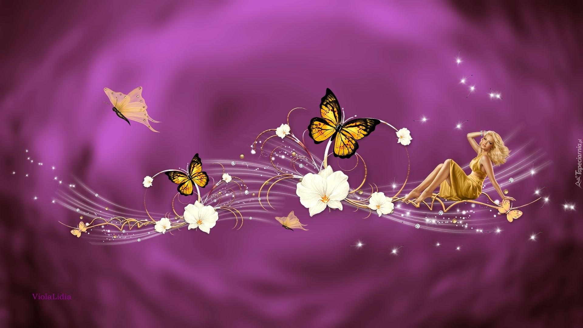 Grafika 2D, Motyle, Kwiaty, Kobieta