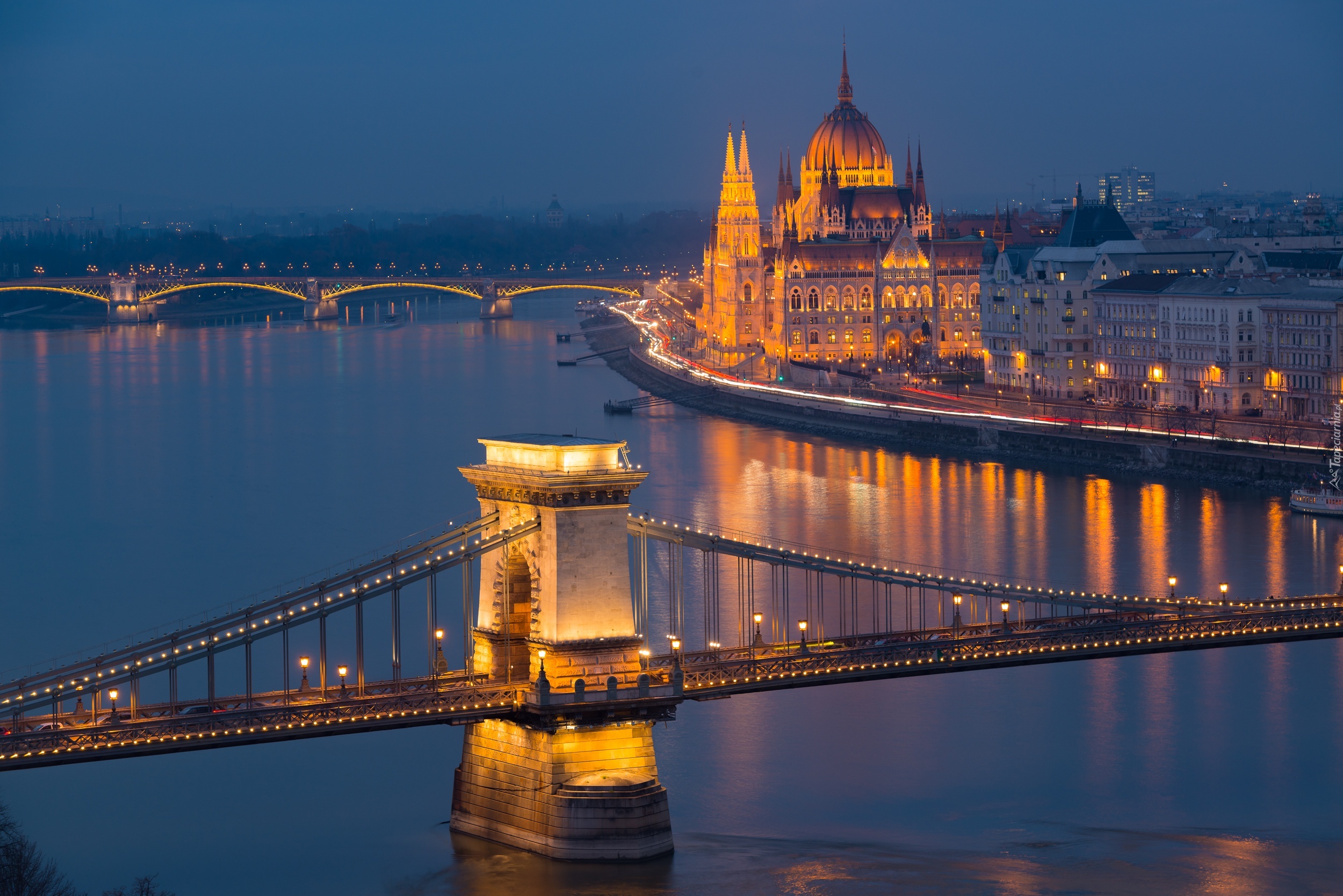 Budapeszt, Dunaj, Most, Łańcuchowy, Parlament, Noc, Węgry