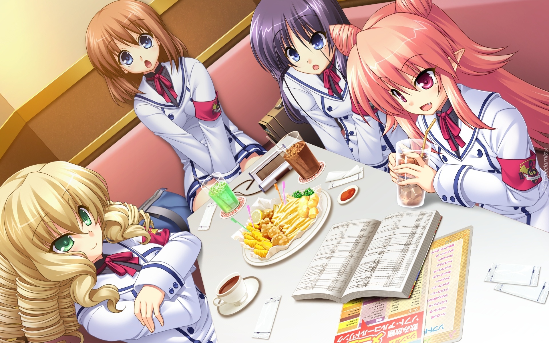 Dziewczyny, Restauracja, Stół, Jedzenie, Napoje, Książka, Manga, Anime