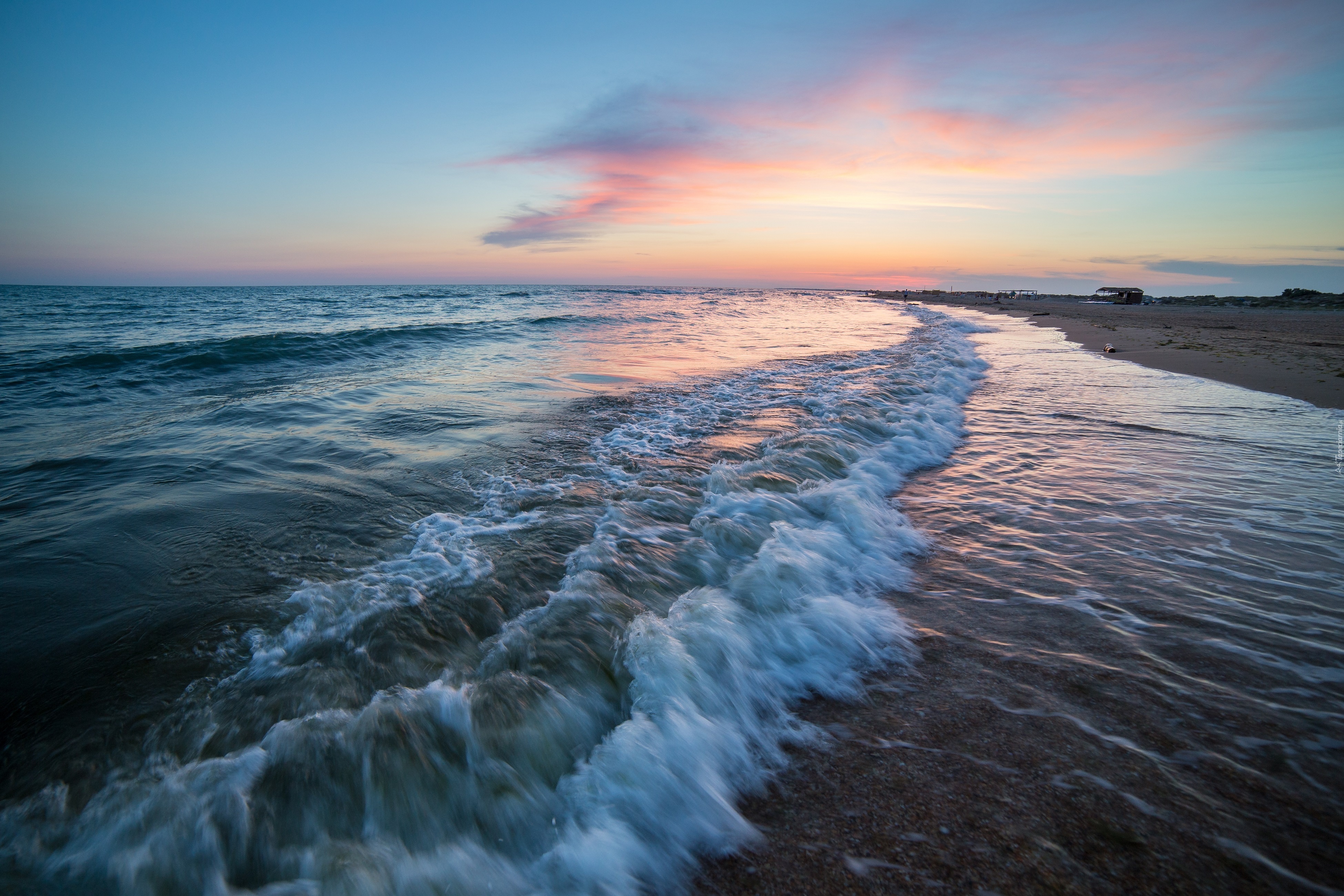 Morze, Fale, Plaża, Zachód, Słońca