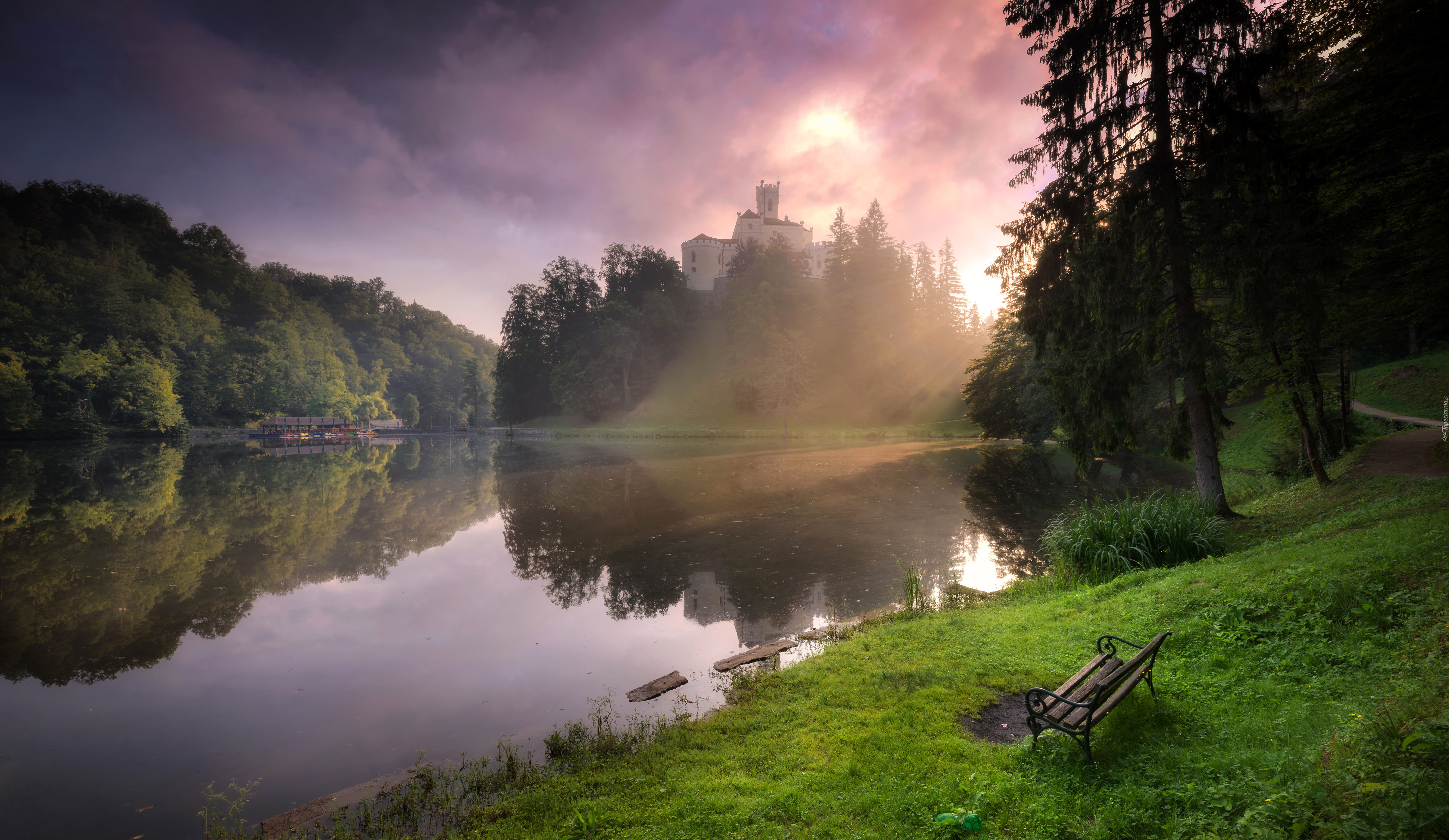 Jezioro, Chorwacja, Ławka, Drzewa, Przebijające światło