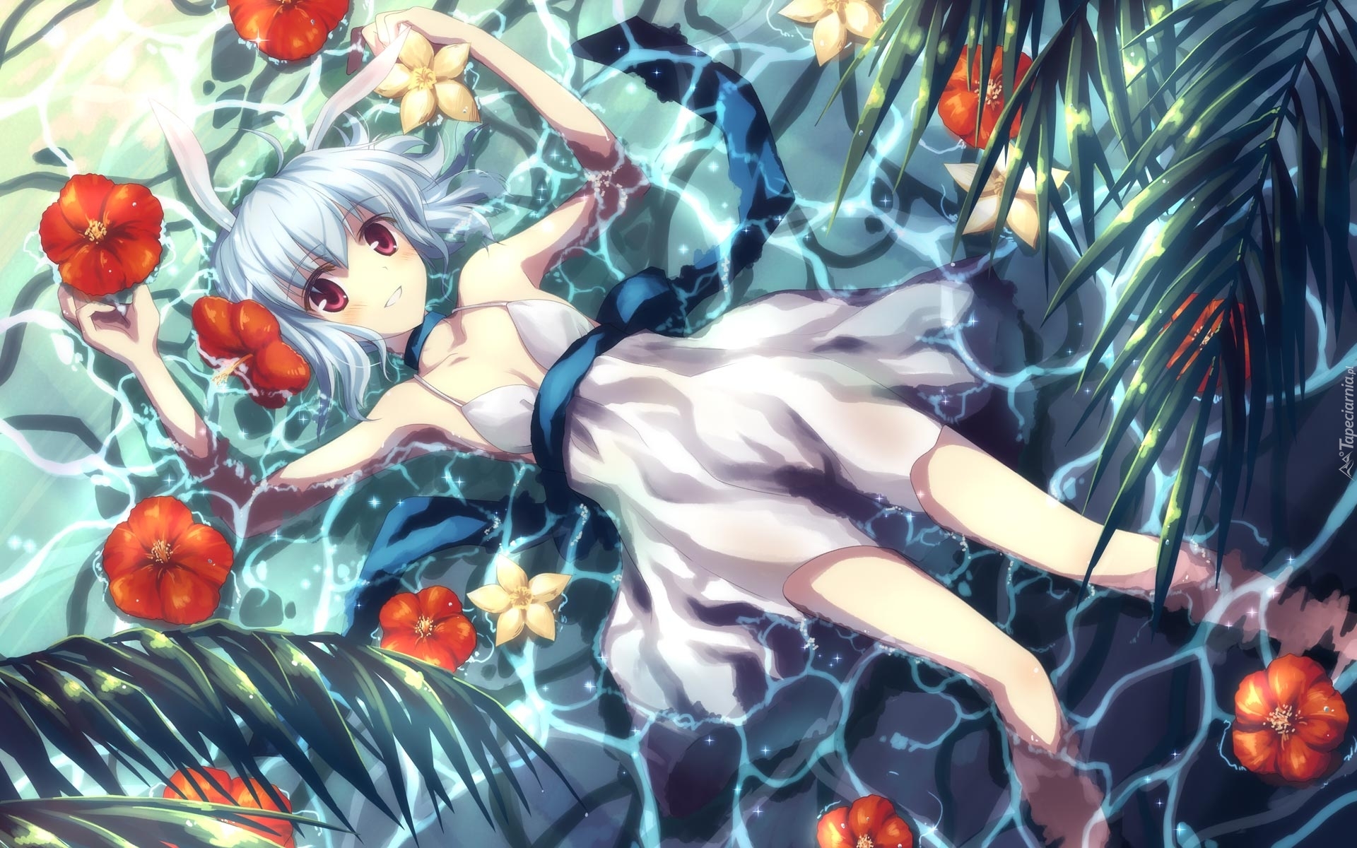 Dziewczyna, Woda, Kwiaty, Liście, Manga, Anime