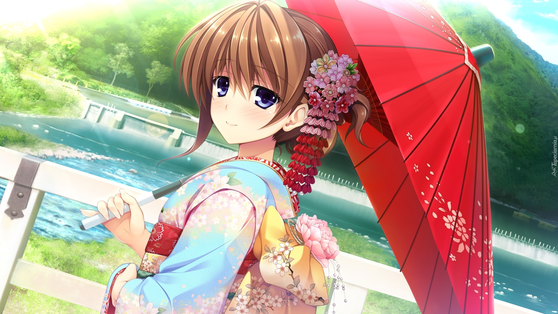 Dziewczyna, Kimono, Kwiaty, Parasol, Most, Rzeka, Tama, Las, Manga, Anime