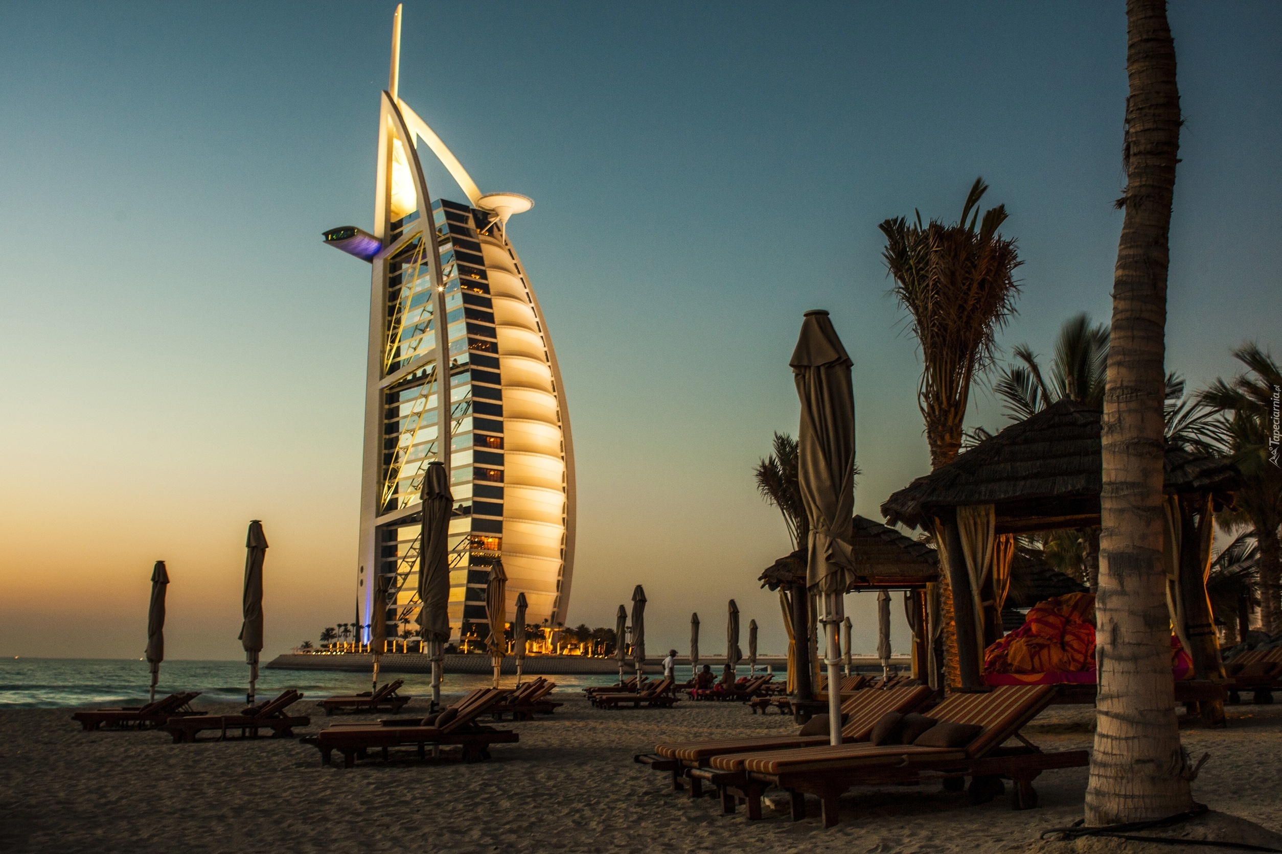 Hotel, Dubaj, Burj Al Arab, Palmy, Plaża