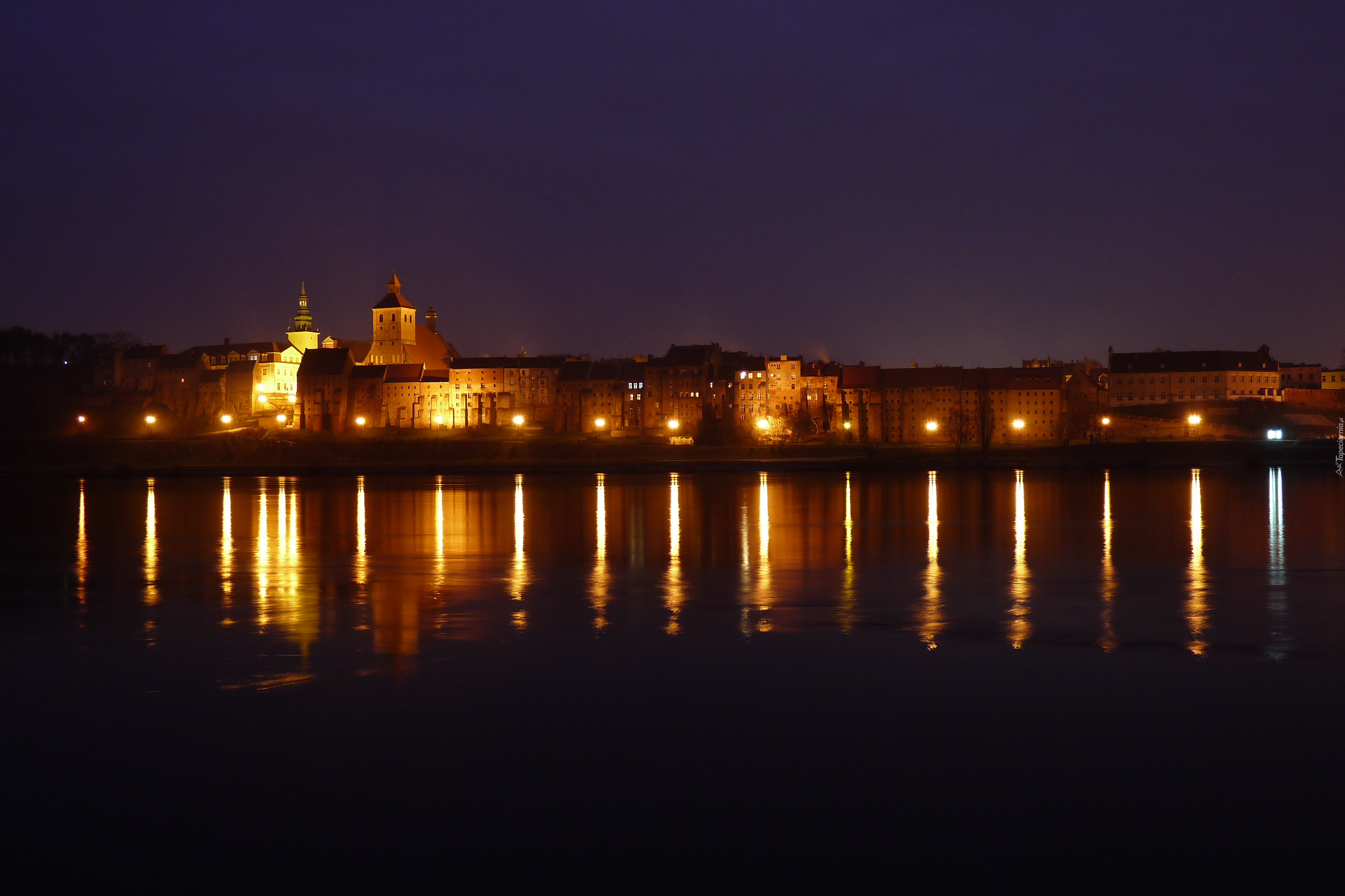 Rzeka, Miasto, Grudziądz, Odbicia, Noc