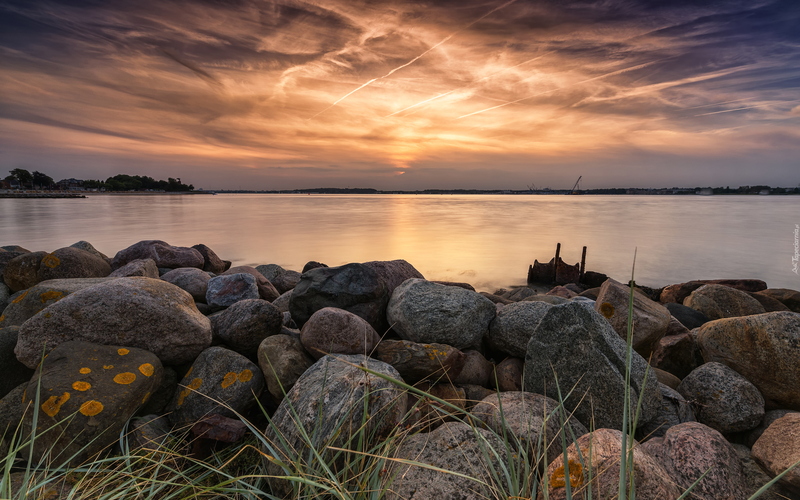 Jezioro, Zachód słońca, Kamienie, Niebo