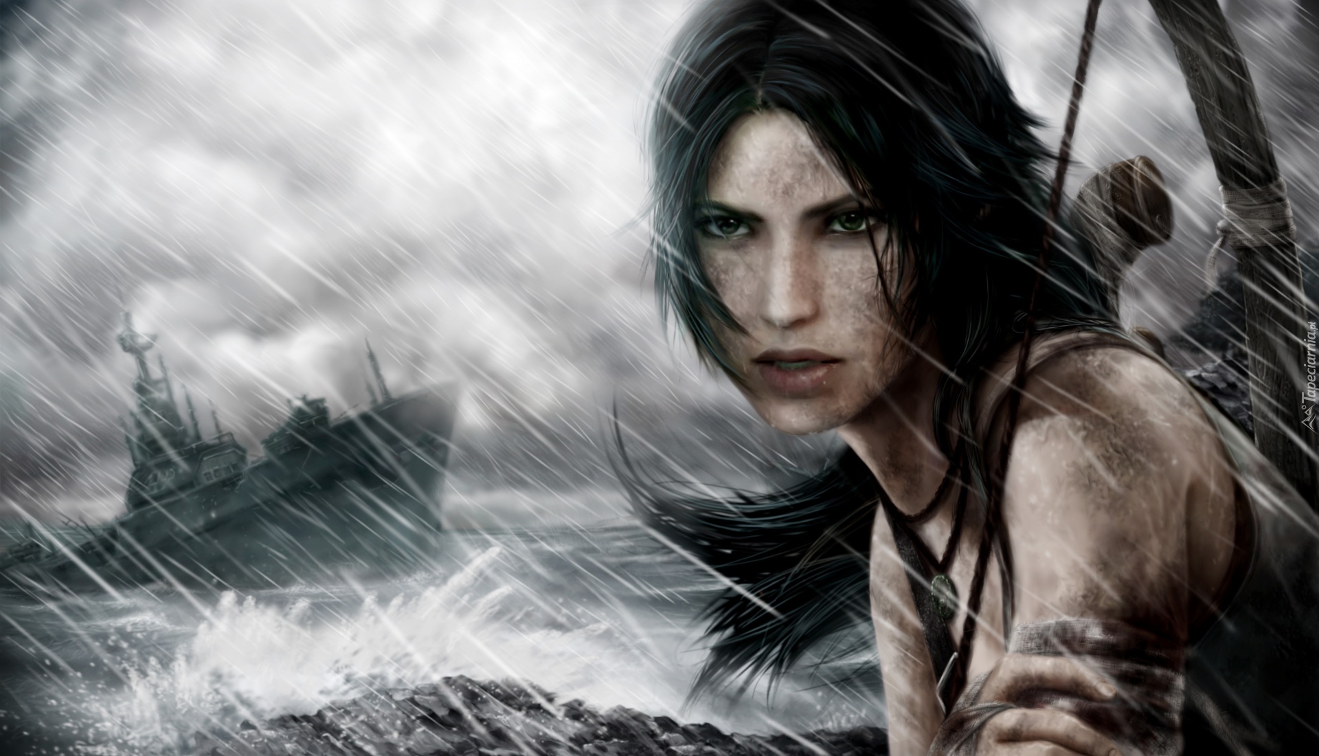 Lara, Croft, Deszcz, Statek, Tomb, Raider