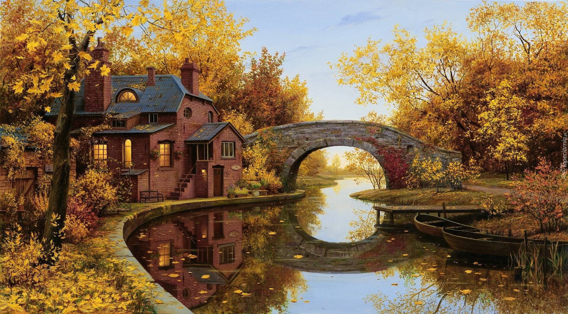 Rzeka, Most, Dom, Drzewa, Jesień