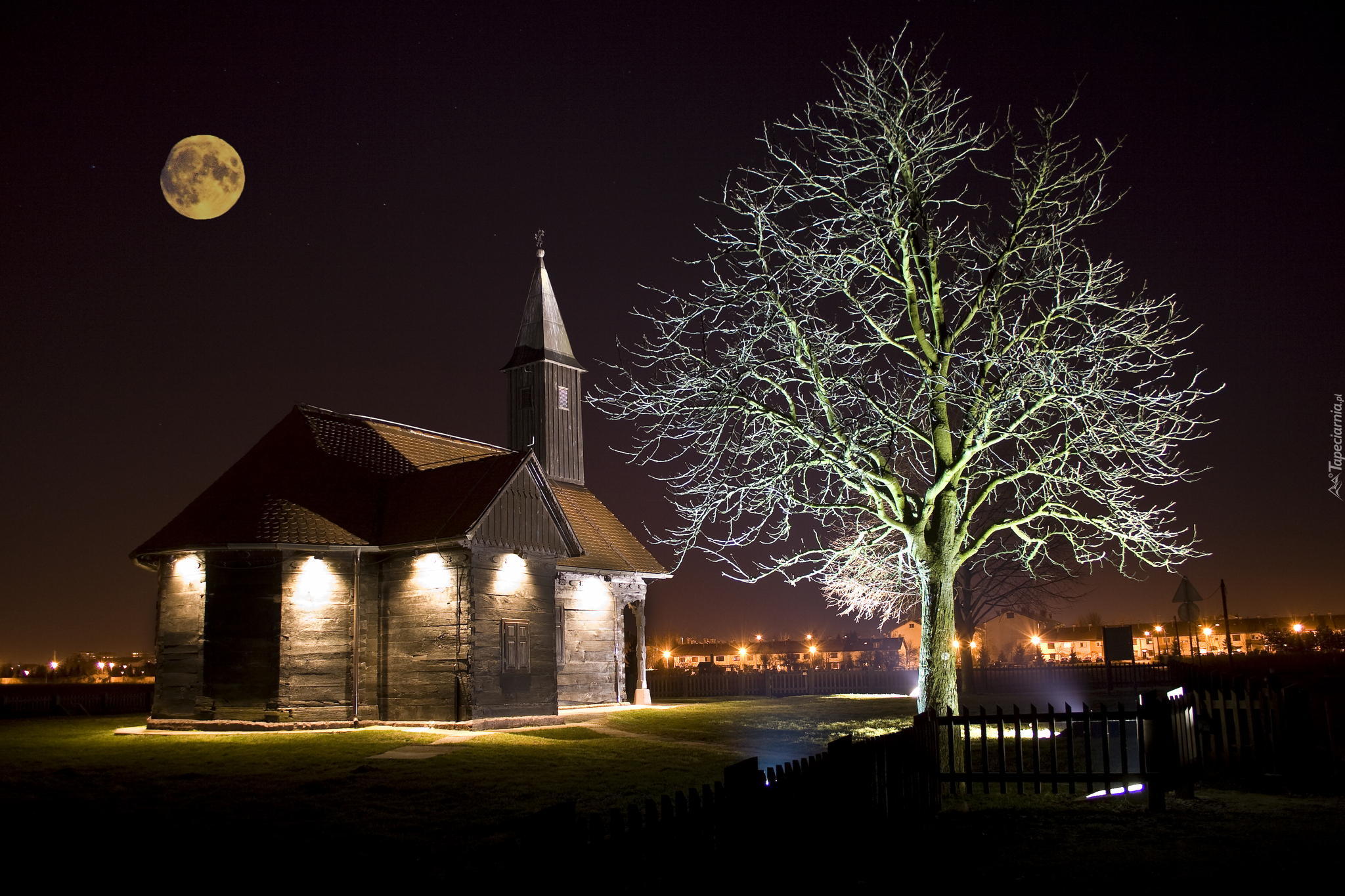 Noc, Księżyc, Drewniany, Kościół, Drzewo