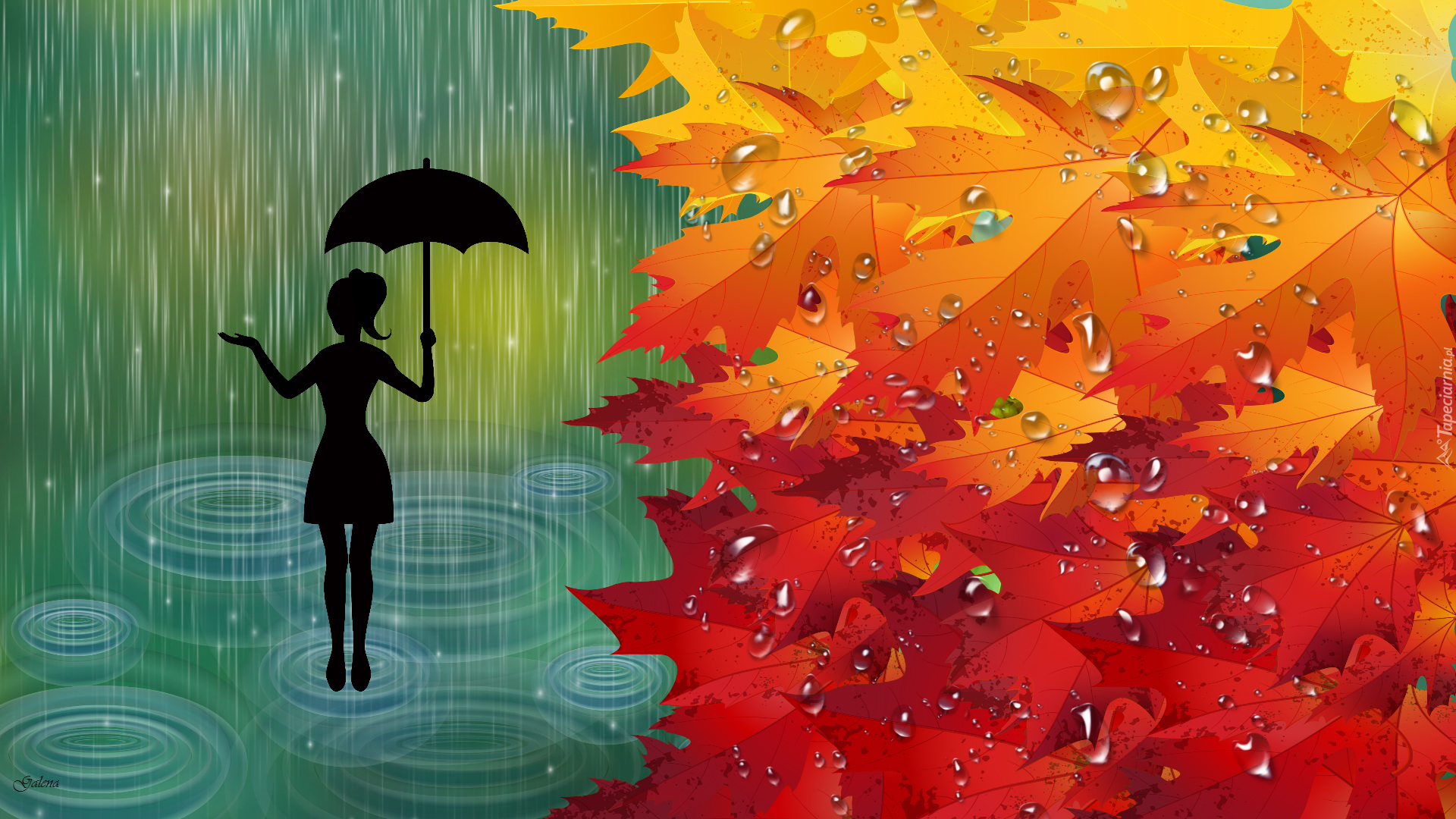 Liście, Deszcz, Jesień, Dziewczyna, Grafika