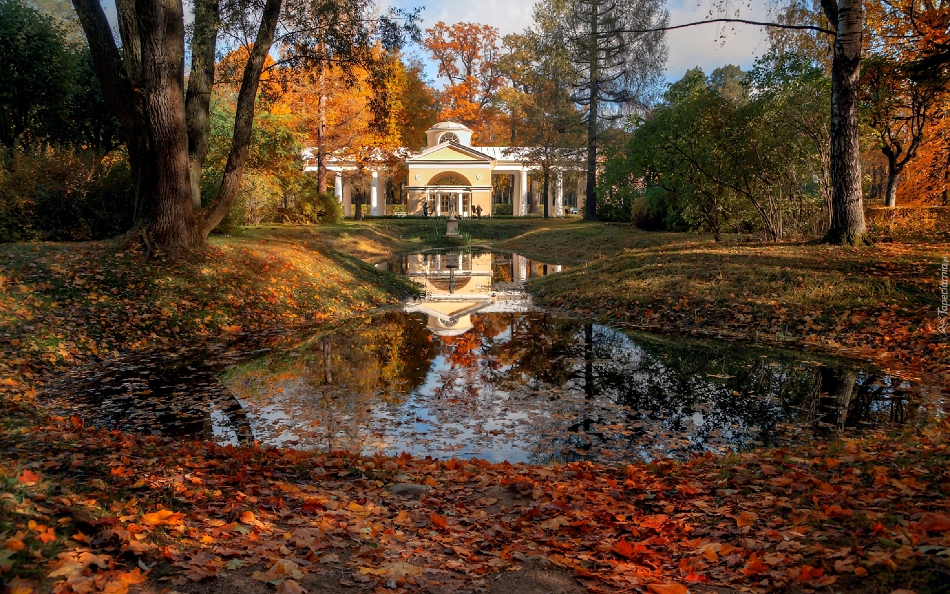 Jesień, Park, Staw, Biała, Budowla