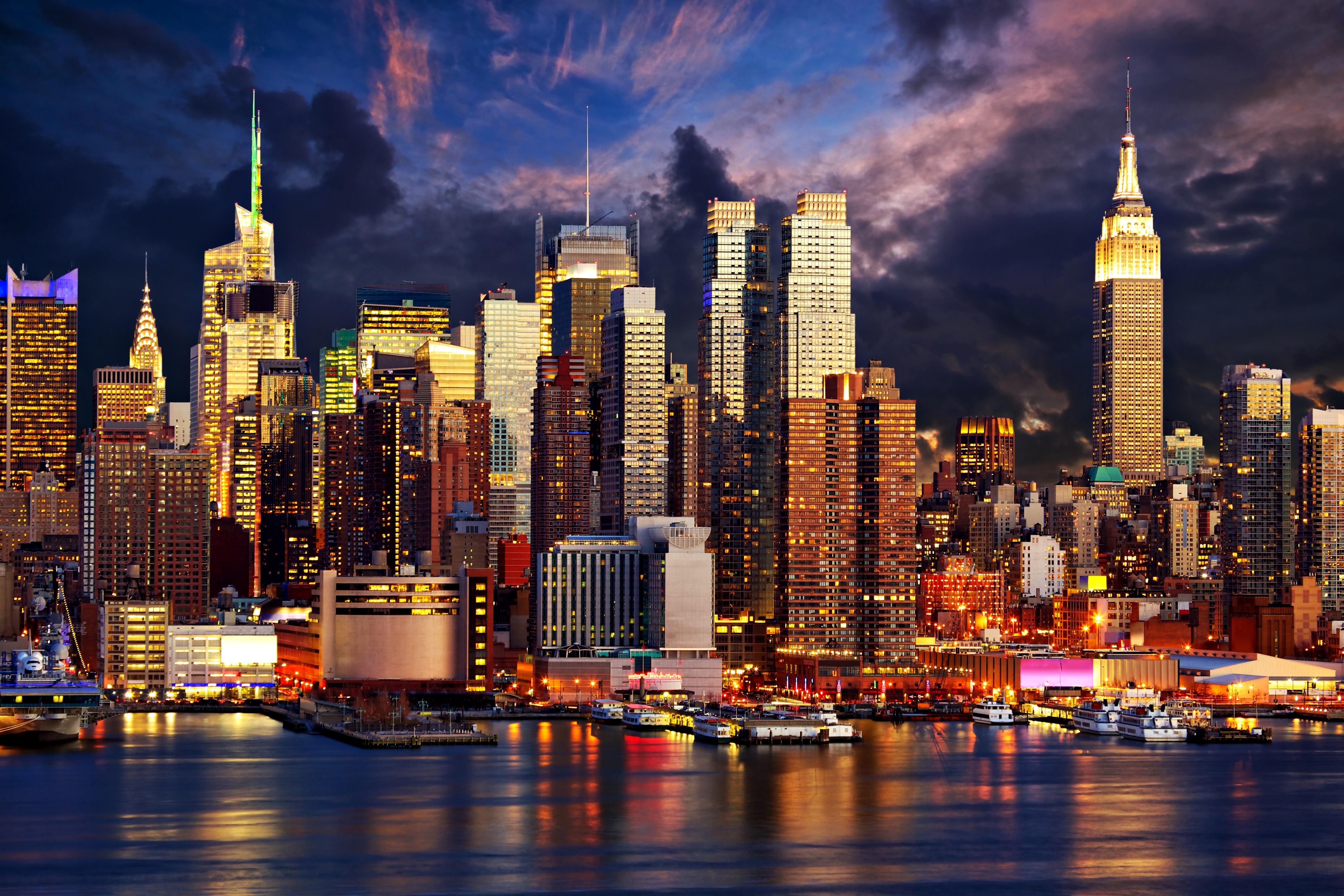 new, york, usa, skyscrapers, shore, night бесплатно