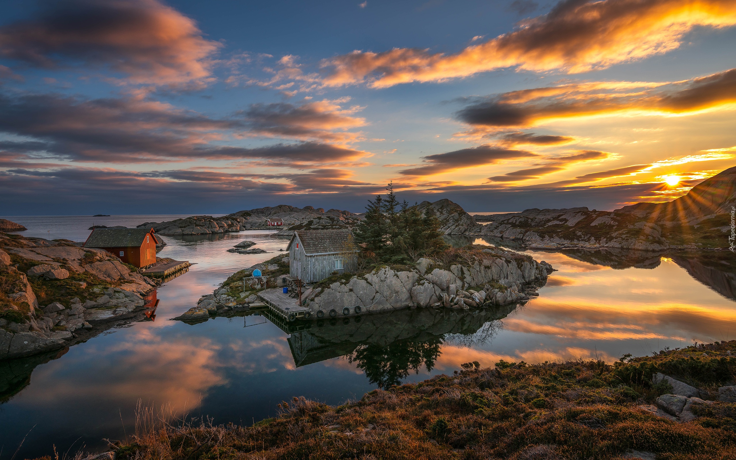 Wyspa Eigeroya, Skały, Zatoczka, Wzniesienia, Zachód słońca, Domy, Egersund, Norwegia
