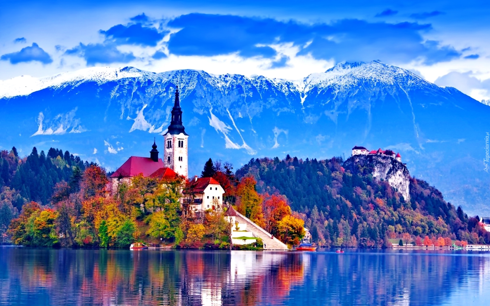Jezioro Bled, Kościół, Góry, Lasy, Jesień, Słowenia