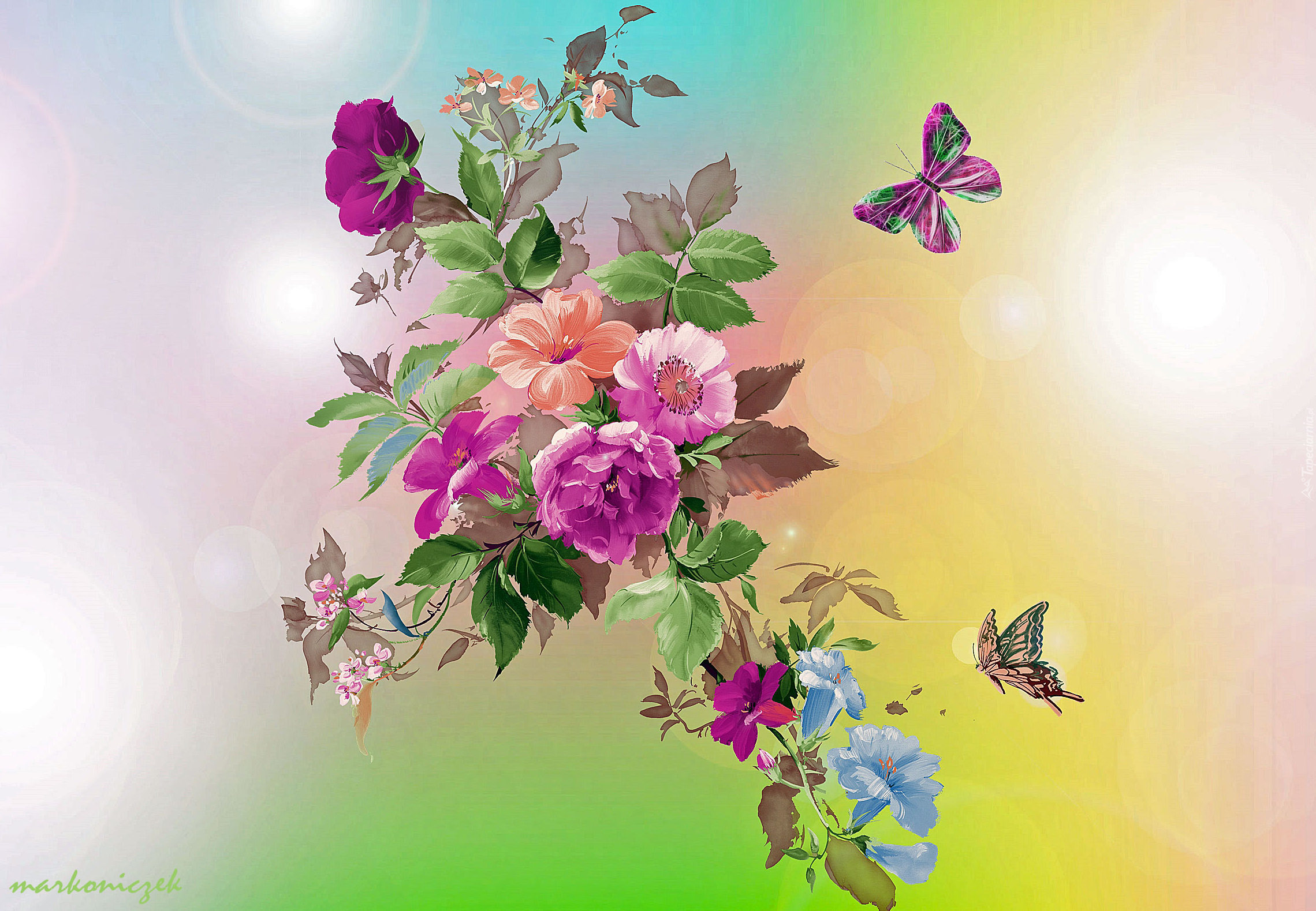Grafika, 2D, Kwiaty, Motylki