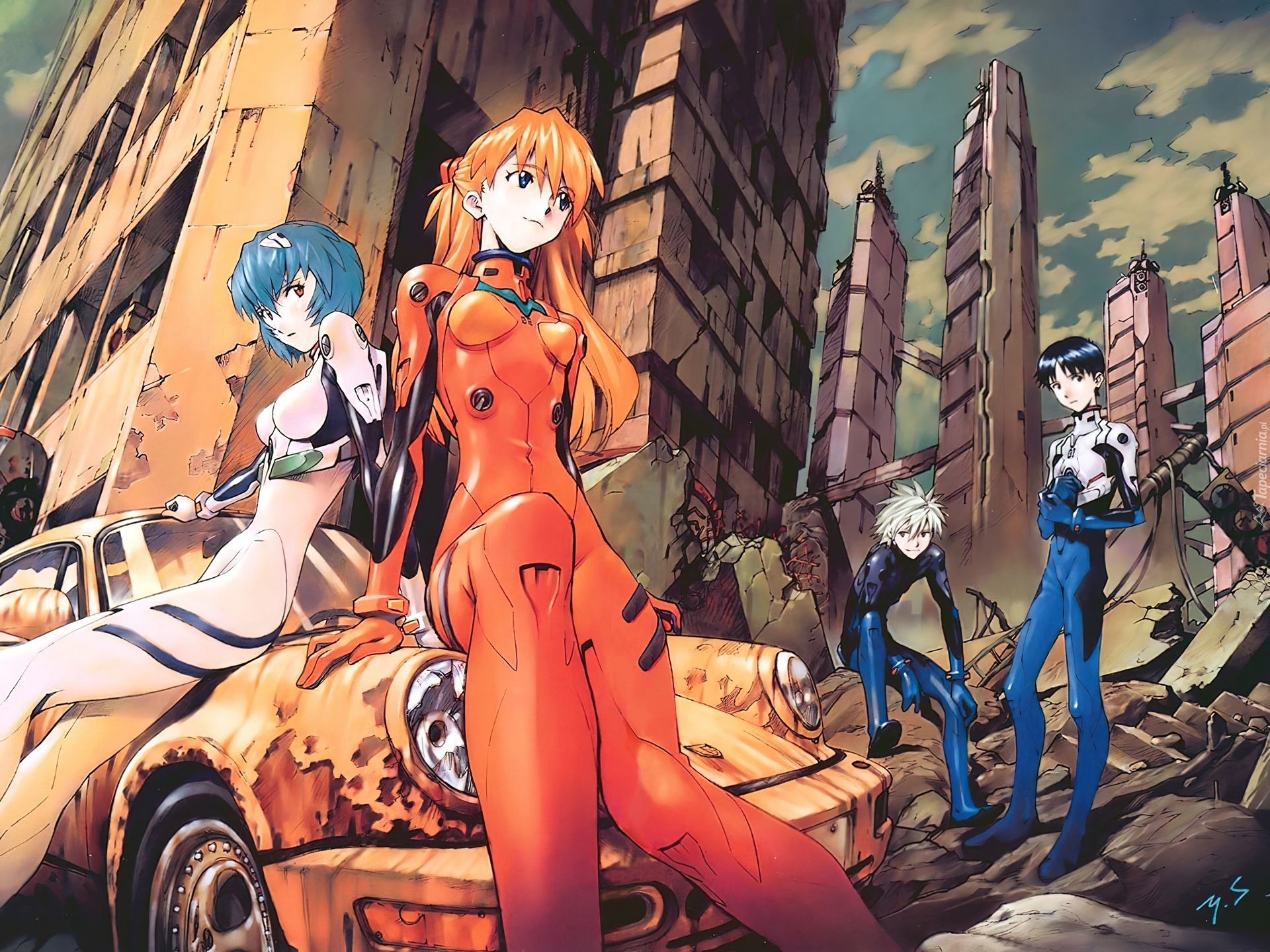 Neon Genesis Evangelion, ruiny, auto, ludzie