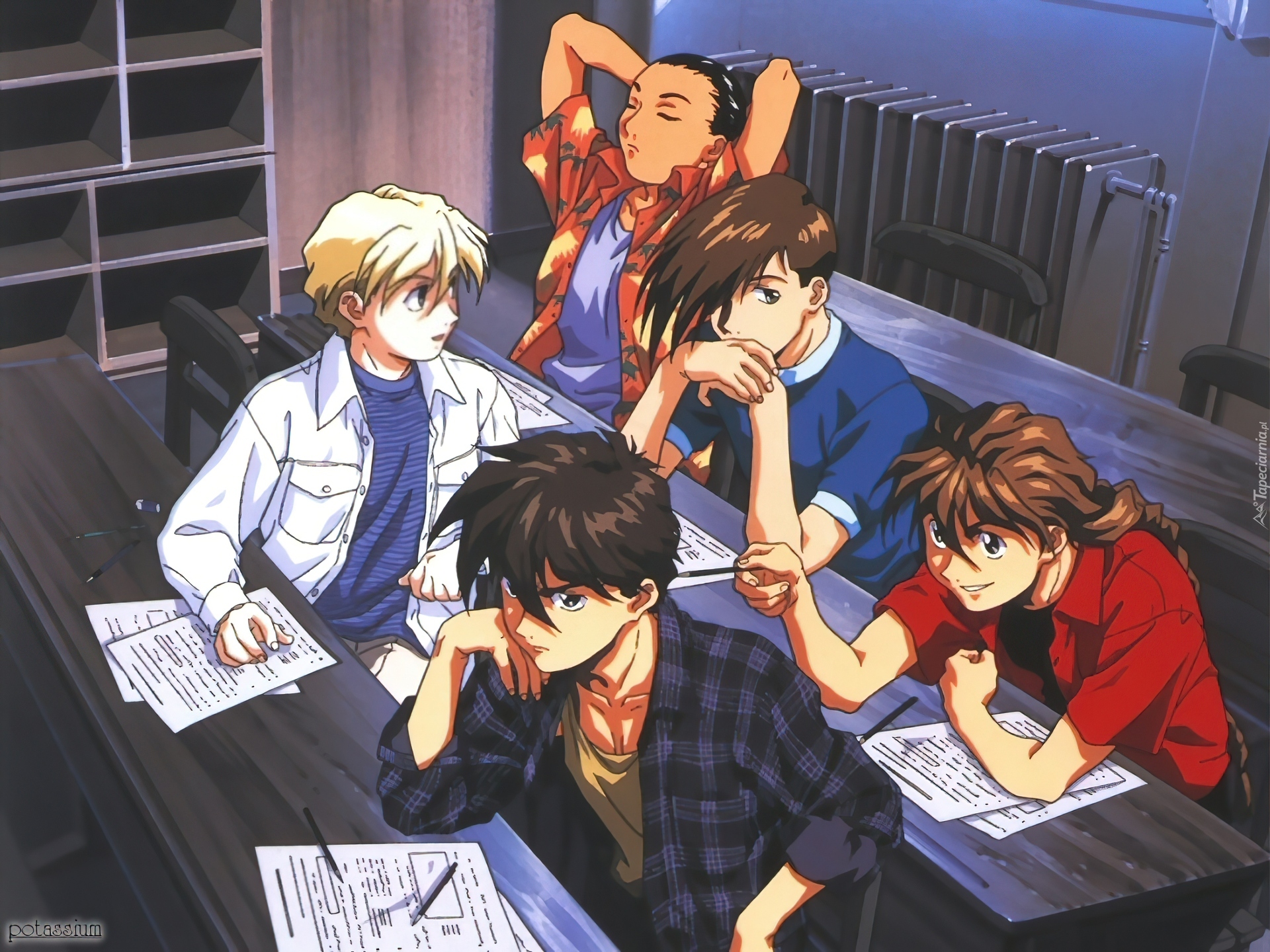 Gundam Wing, szkoła, ławki, ludzie