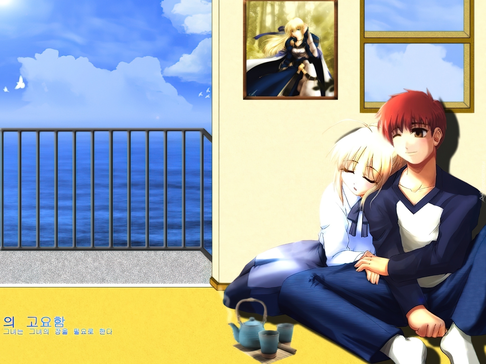 Fate Stay Night, ludzie, okno, taras, balkon, morze