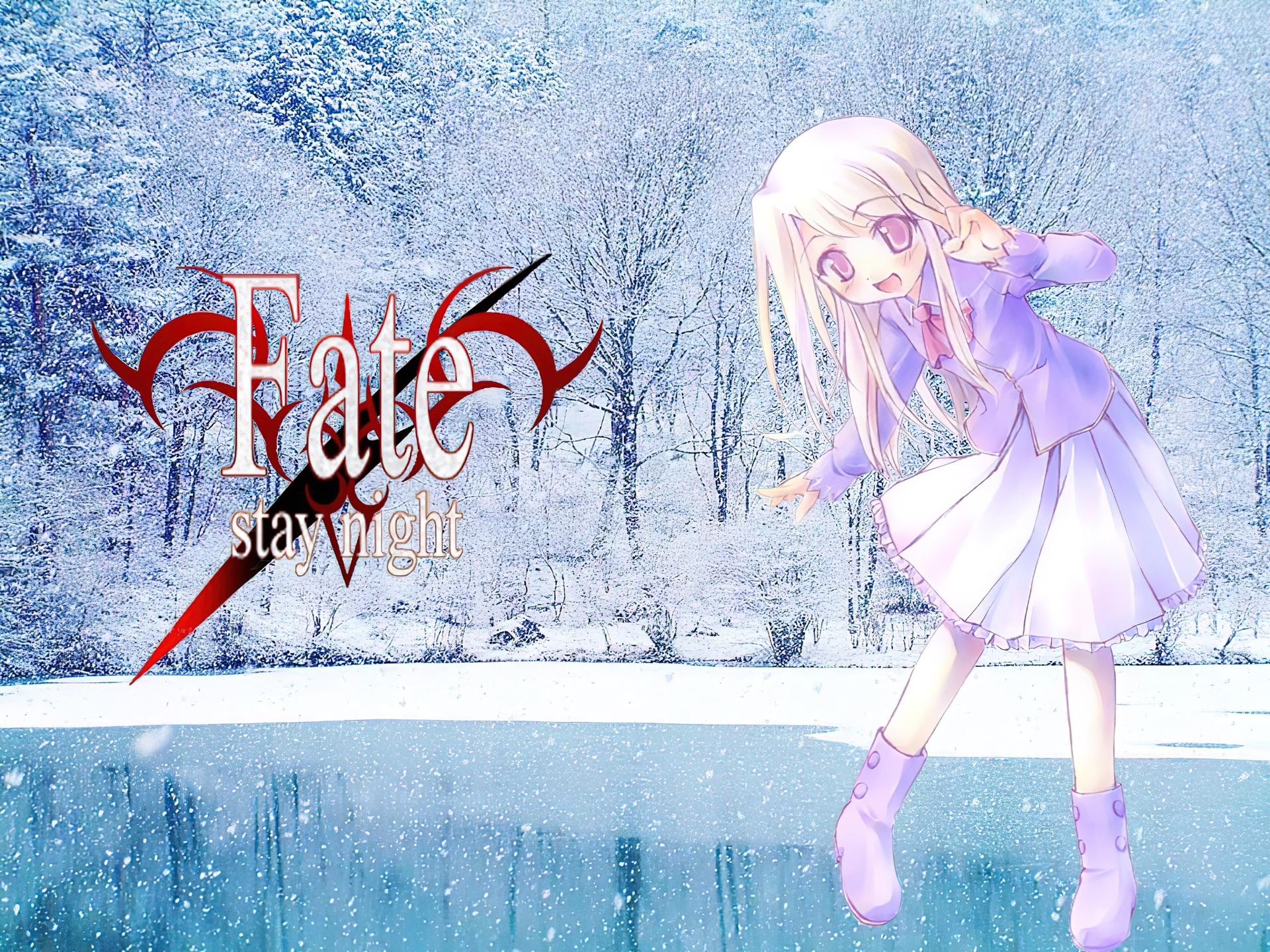 Fate Stay Night, dziewczyna, zima, napisy, drzewa