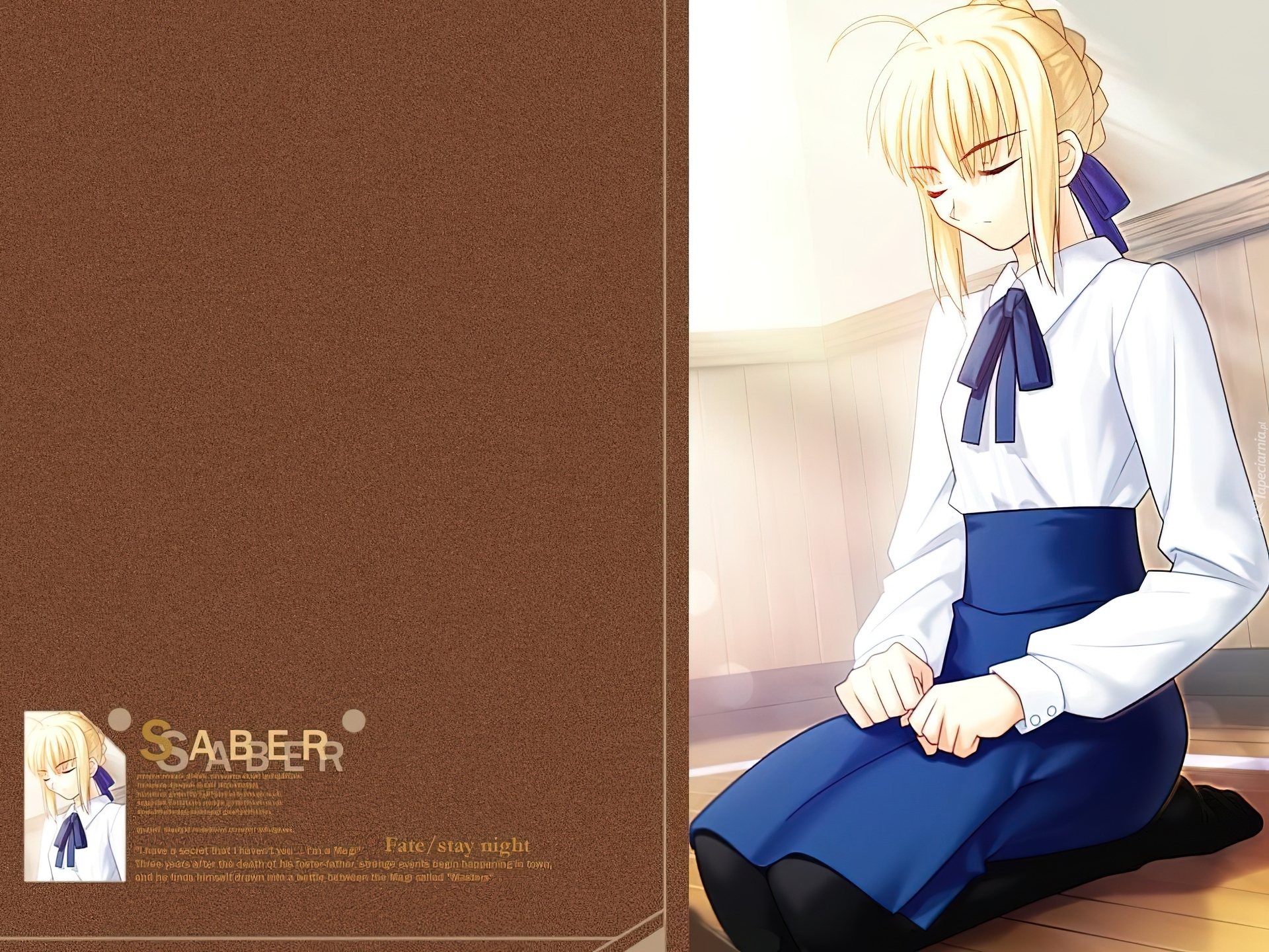 Fate Stay Night, Saber, kobieta, klęczy, spódnica, kokarda