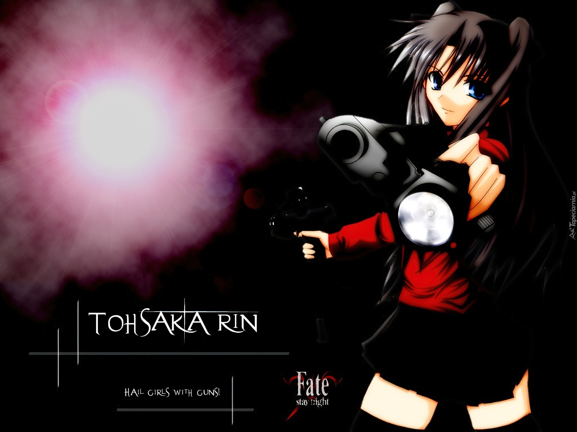 Fate Stay Night, dziewczna, pistolet, napis, dym