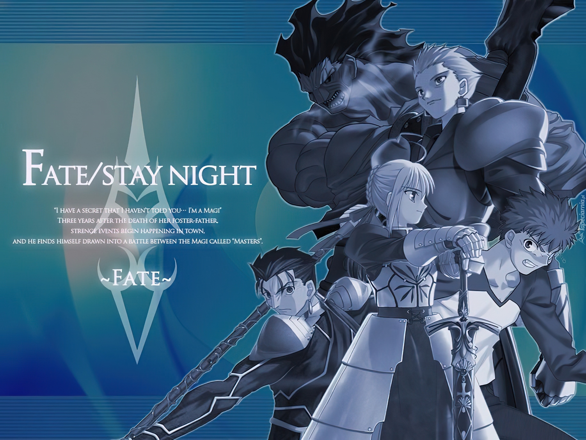 Fate Stay Night, ludzie, miecz, kij, postać, logo, napisy