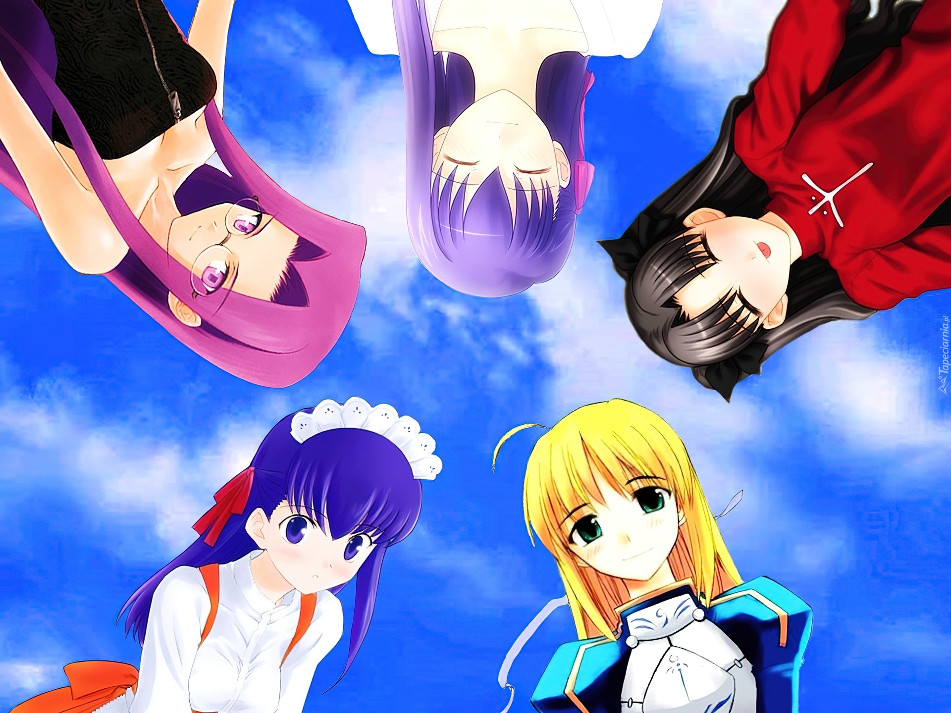 Fate Stay Night, dziewczyny, chmury, niebo, oczy, okulary