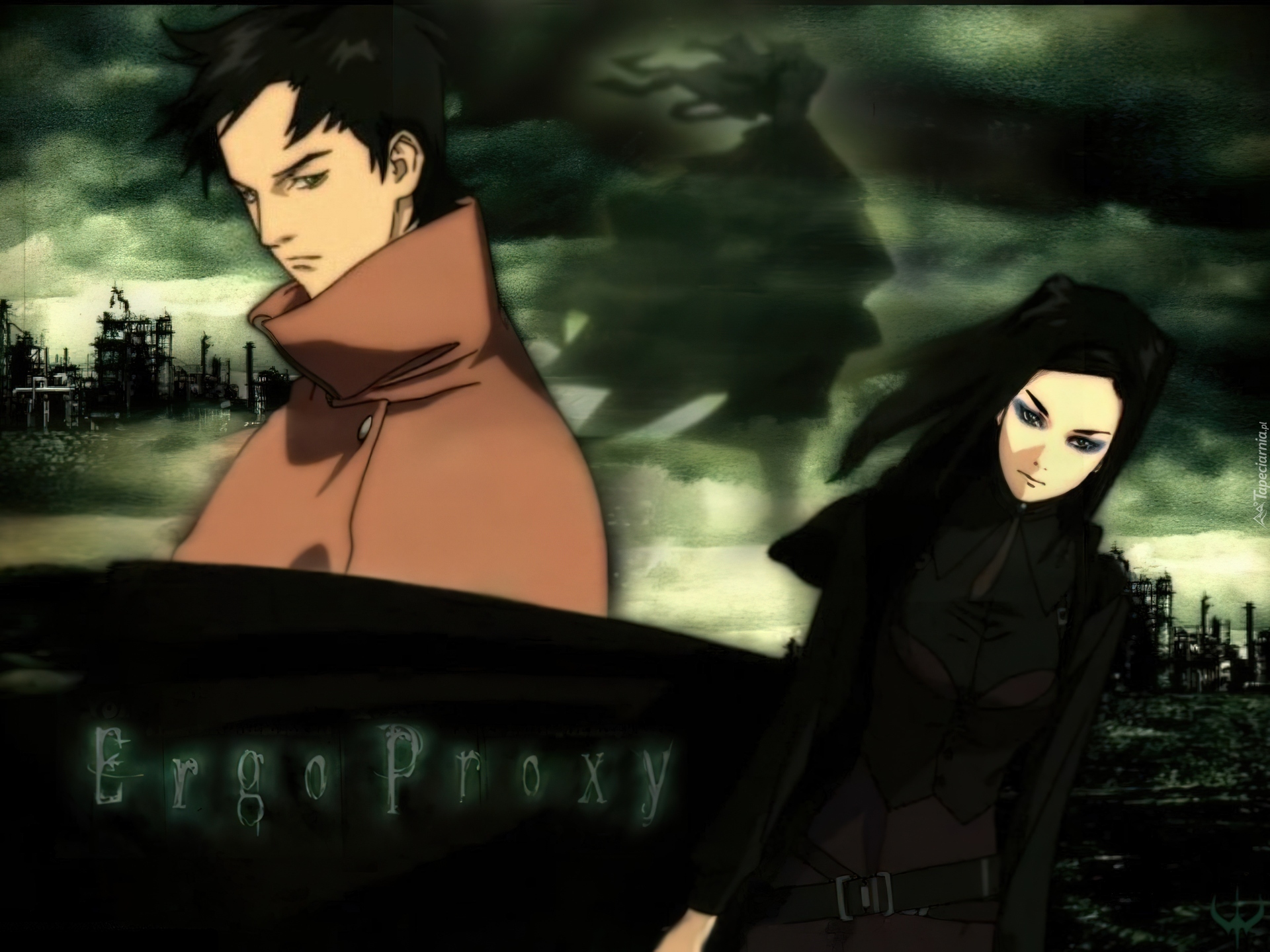 Ergo Proxy, niebo, zachmurzenie, płaszcz, dziewczyna, chłopak