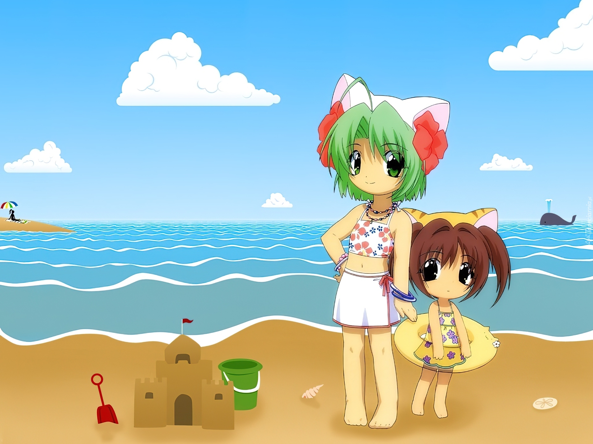 Digi Charat, morze, plaża, dziewczynki, wieloryb