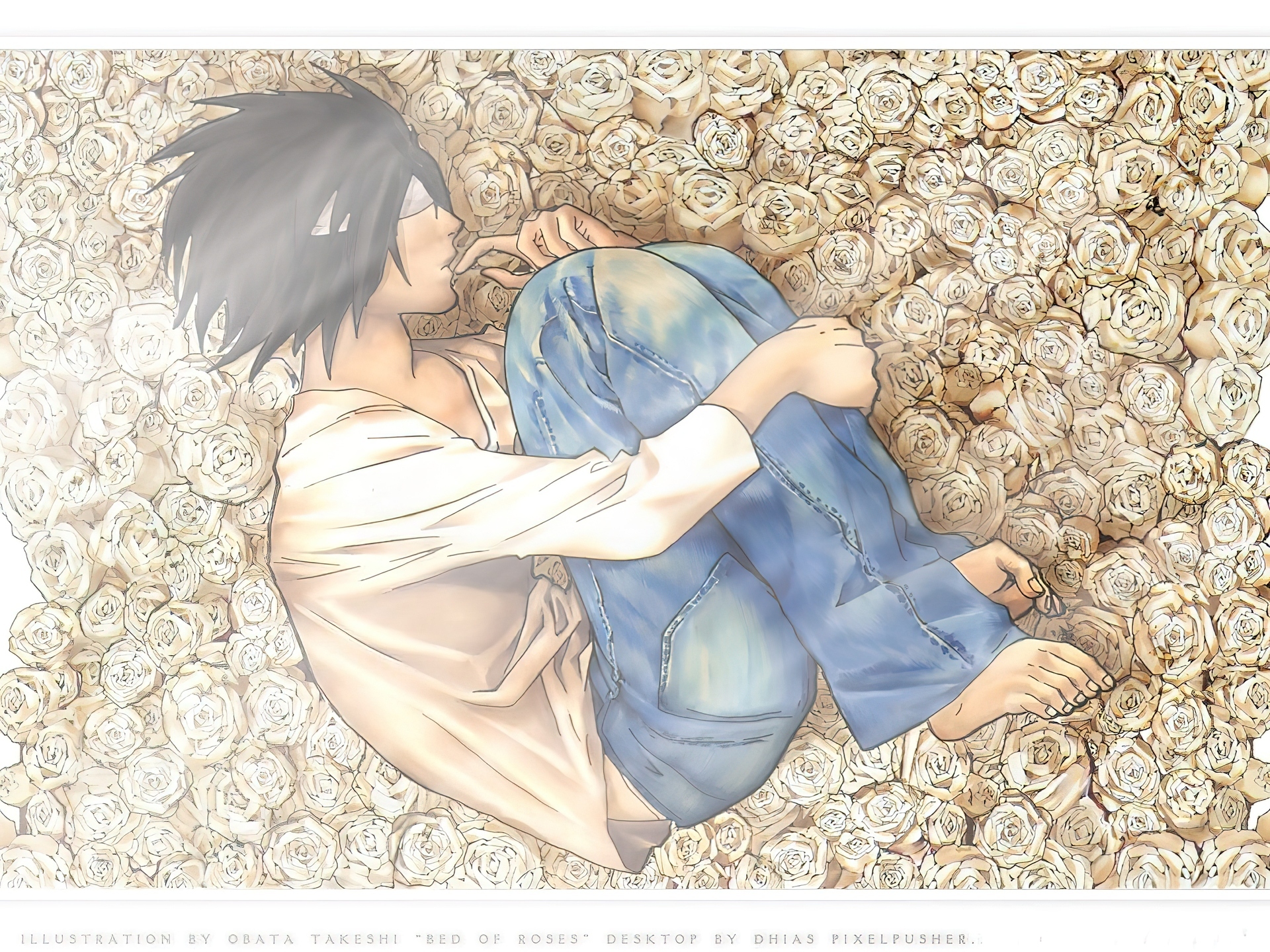 Death Note, róże, śpi, chłopak, stopy