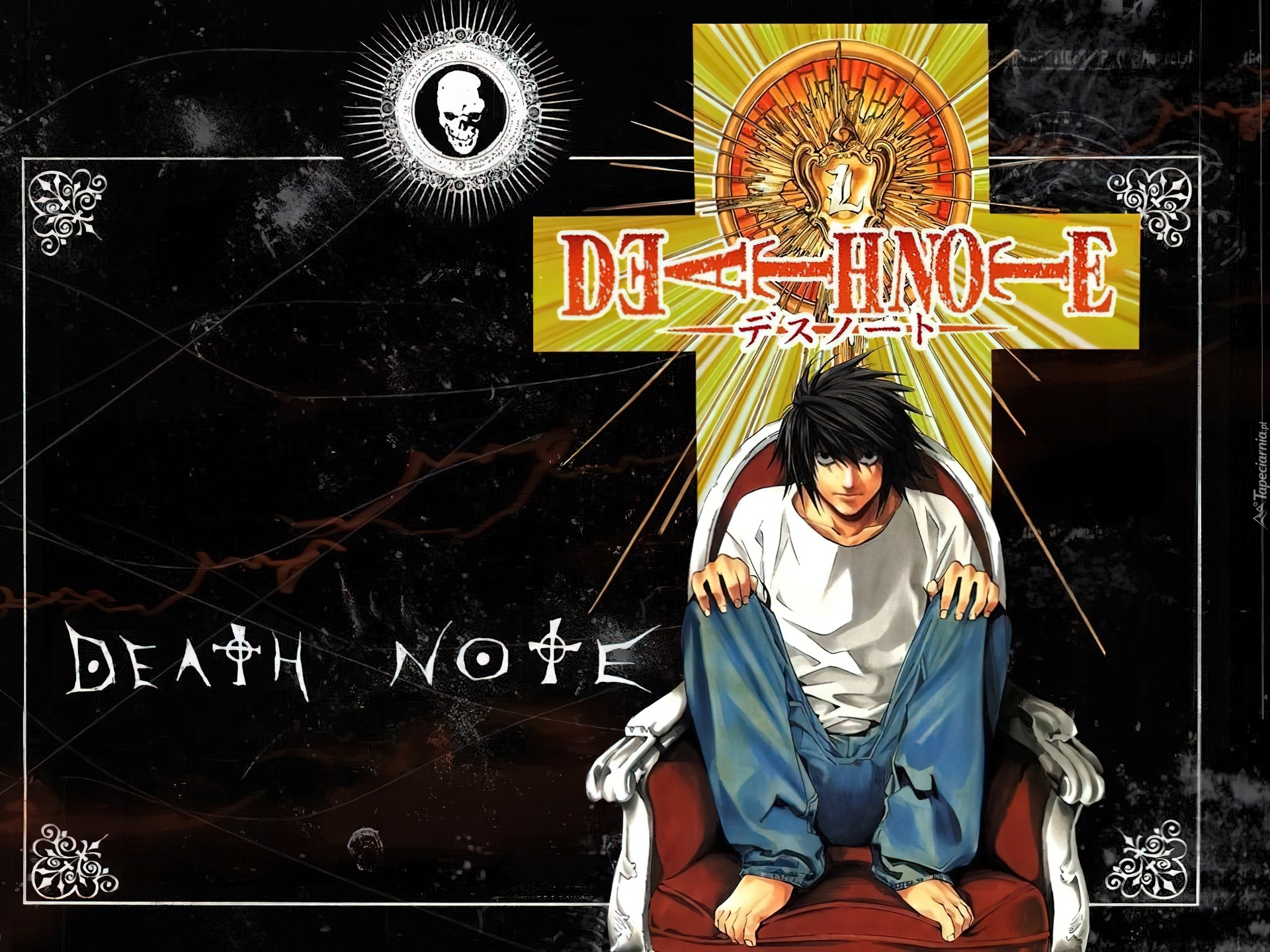 Death Note, krzyż, czaszka, chłopak, fotel, tron