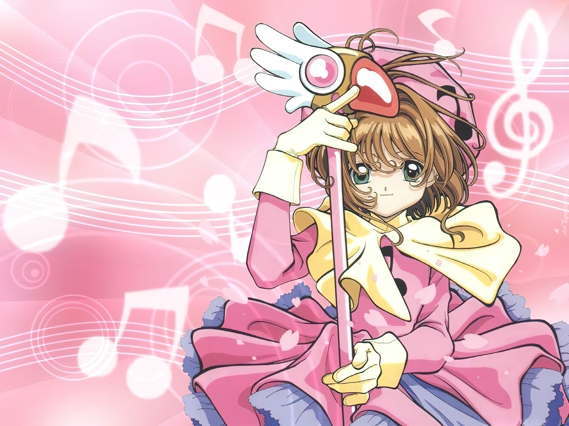 Cardcaptor Sakura, dziewczyna, kij, totem, nuty, sukienka
